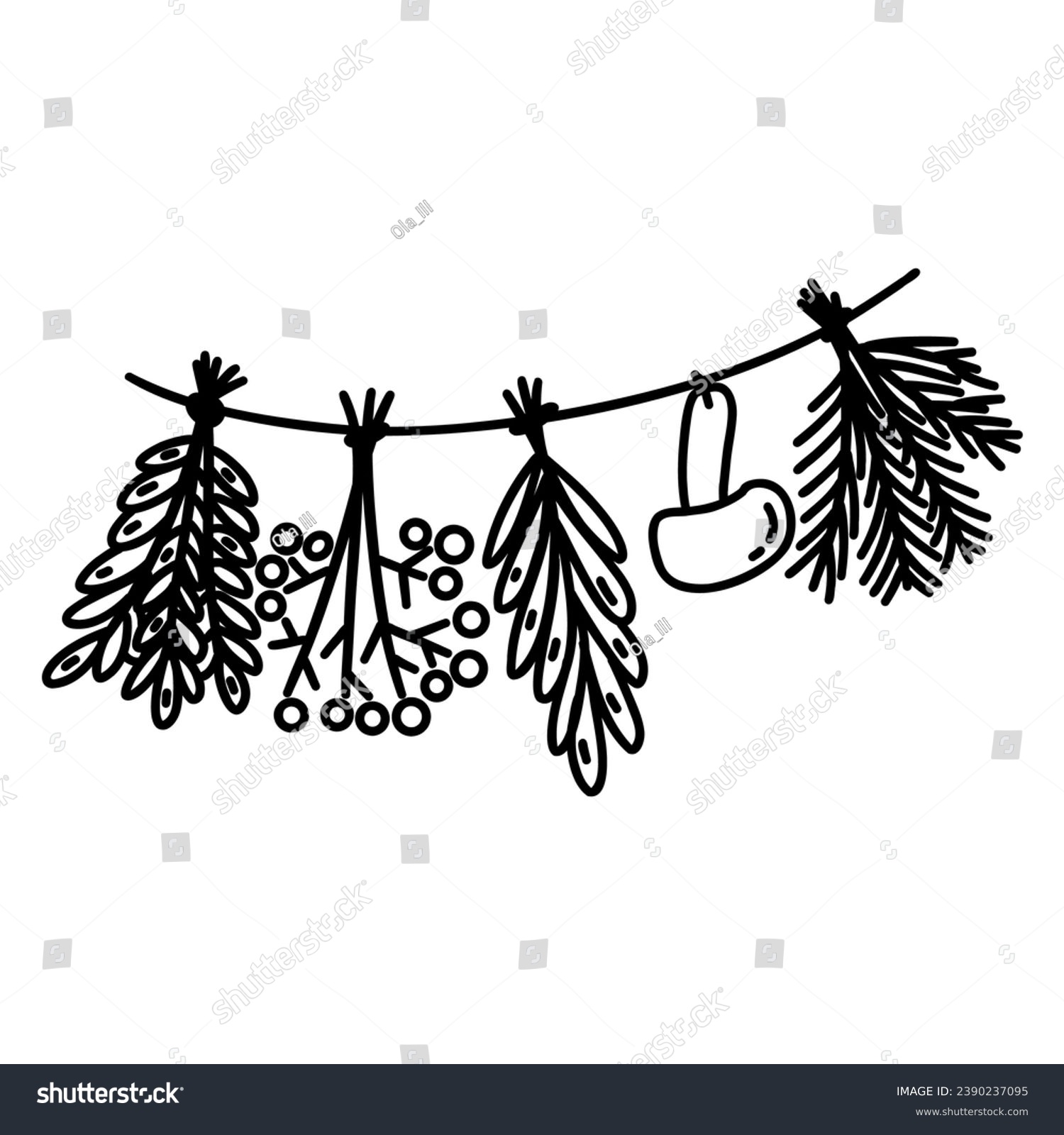 Bunches of herbs dried on rope with mushroom. Herbalism, folk medicine and tradition, naturopathy. Black and white vector isolated doodle illustration hand drawn #2390237095