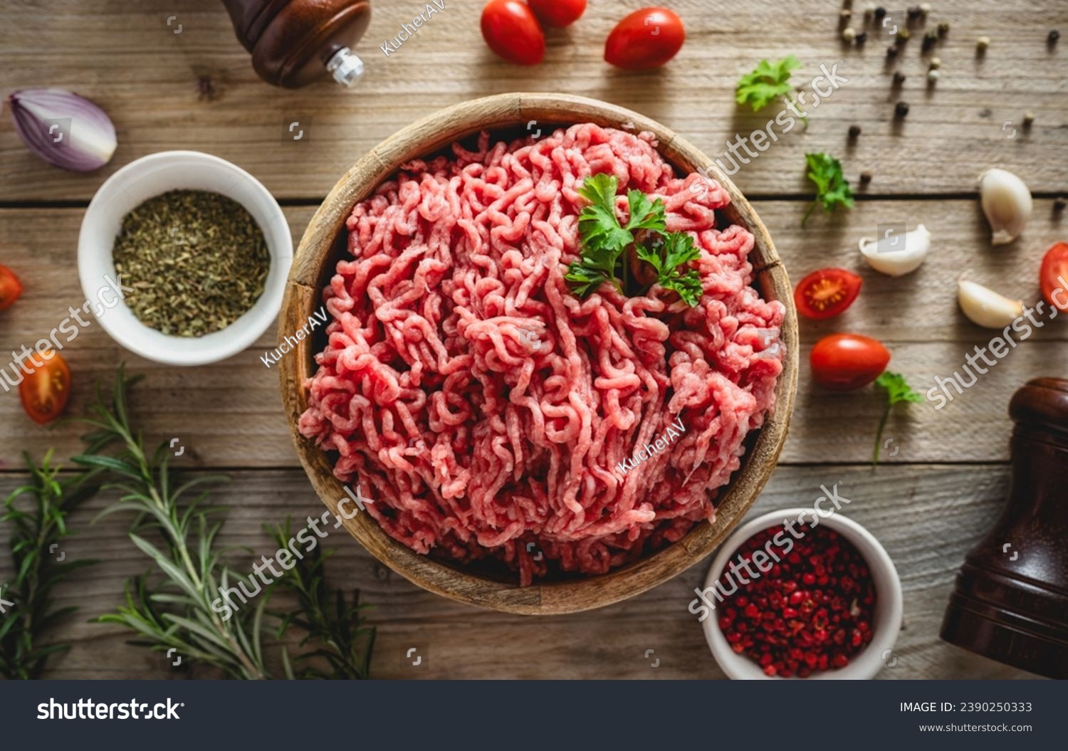 Fresh ground beef for cooking delicious and healthy food on wooden background top view #2390250333