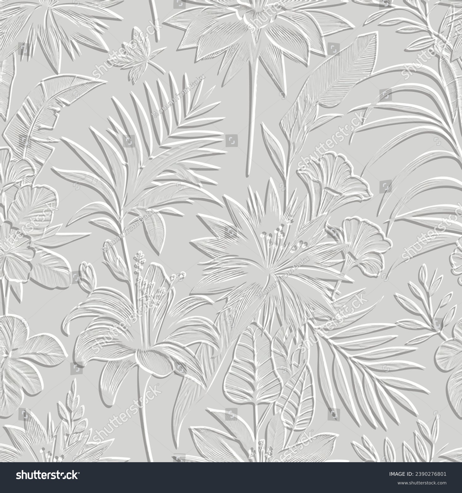 White Textured floral line art emboss tropical exotic flowers 3d seamless pattern. Relief vector background. Repeat embossed backdrop. Surface leaves, branches. 3d ornament with embossing effect. #2390276801