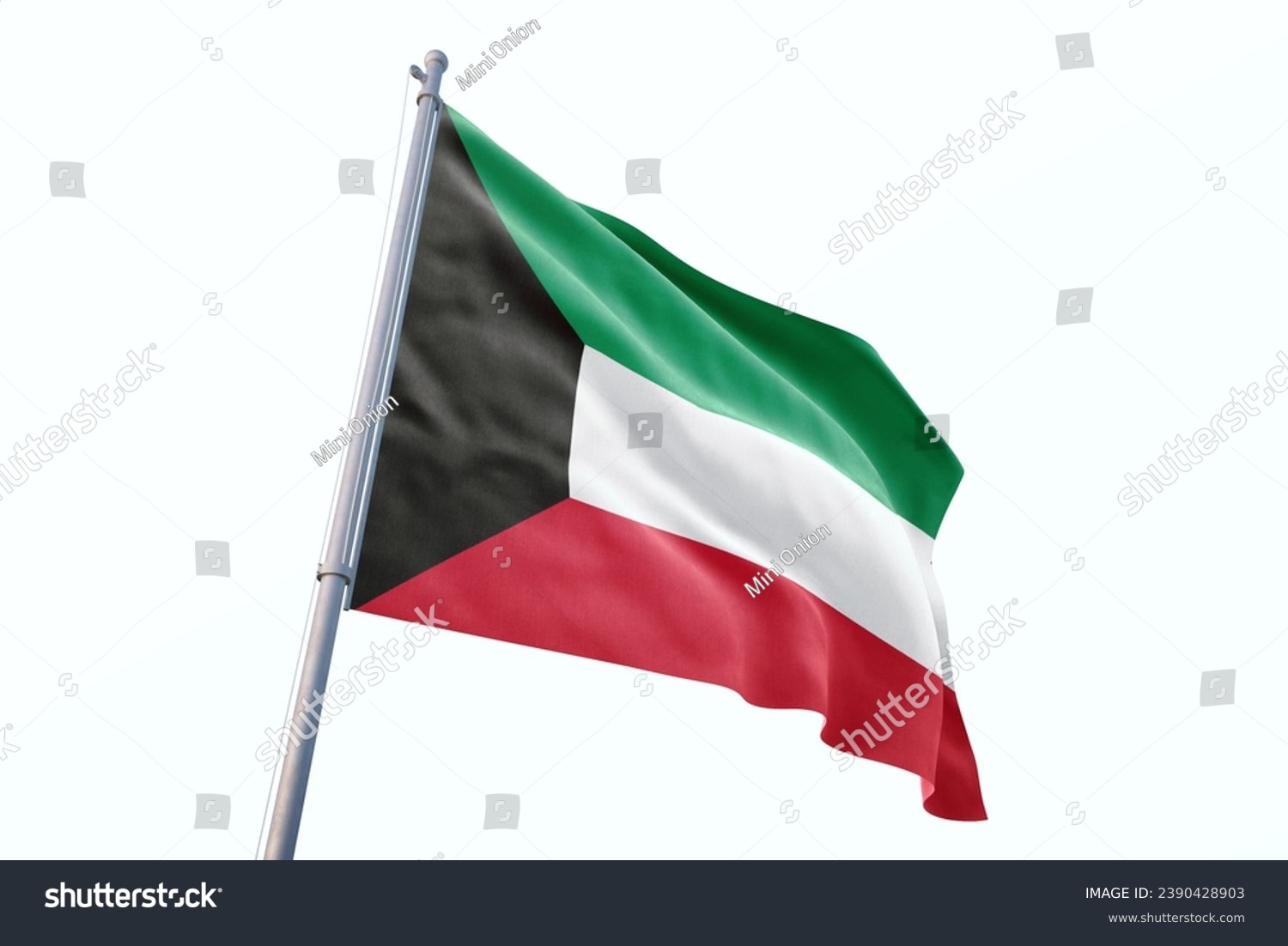 Waving flag of Kuwait in white background. Kuwait flag for independence day. The symbol of the state on wavy fabric. #2390428903