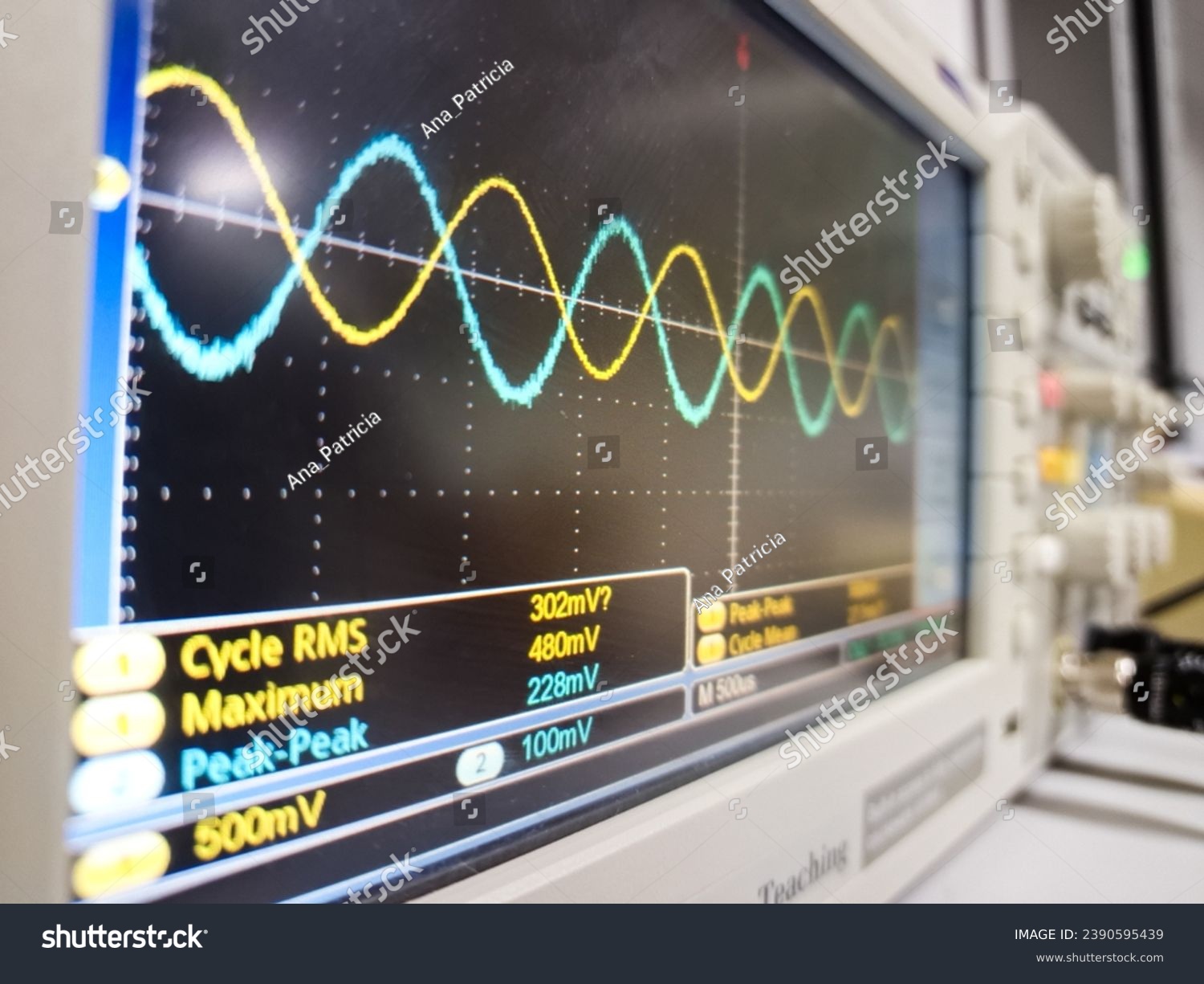 Oscilloscope measuring sine wave, alternate current, eletronic analogic, double wave, phase #2390595439