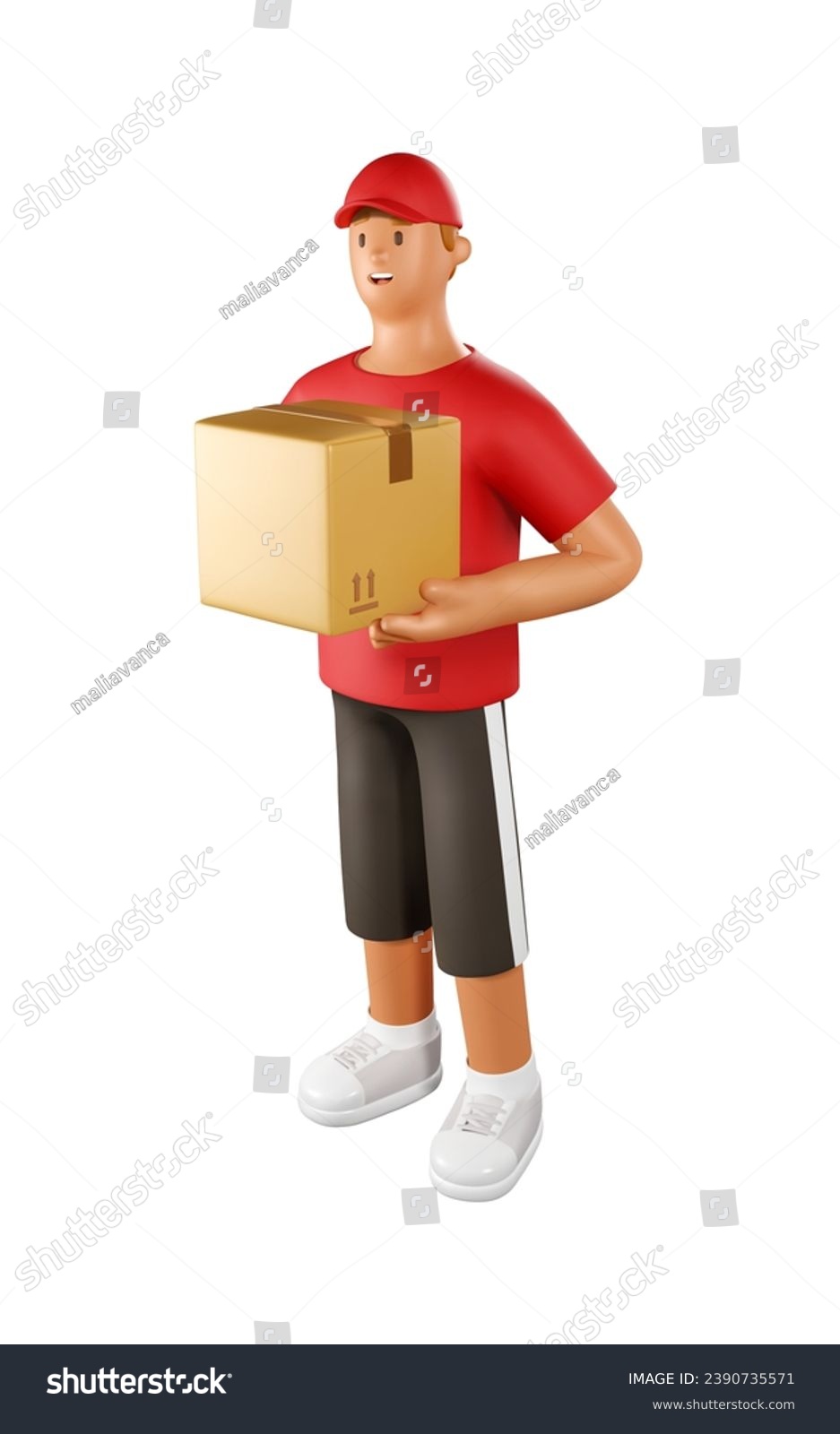 3D Сourier Vector Illustration. Cartoon Male Character of parcel delivery man in red uniform holding a box #2390735571