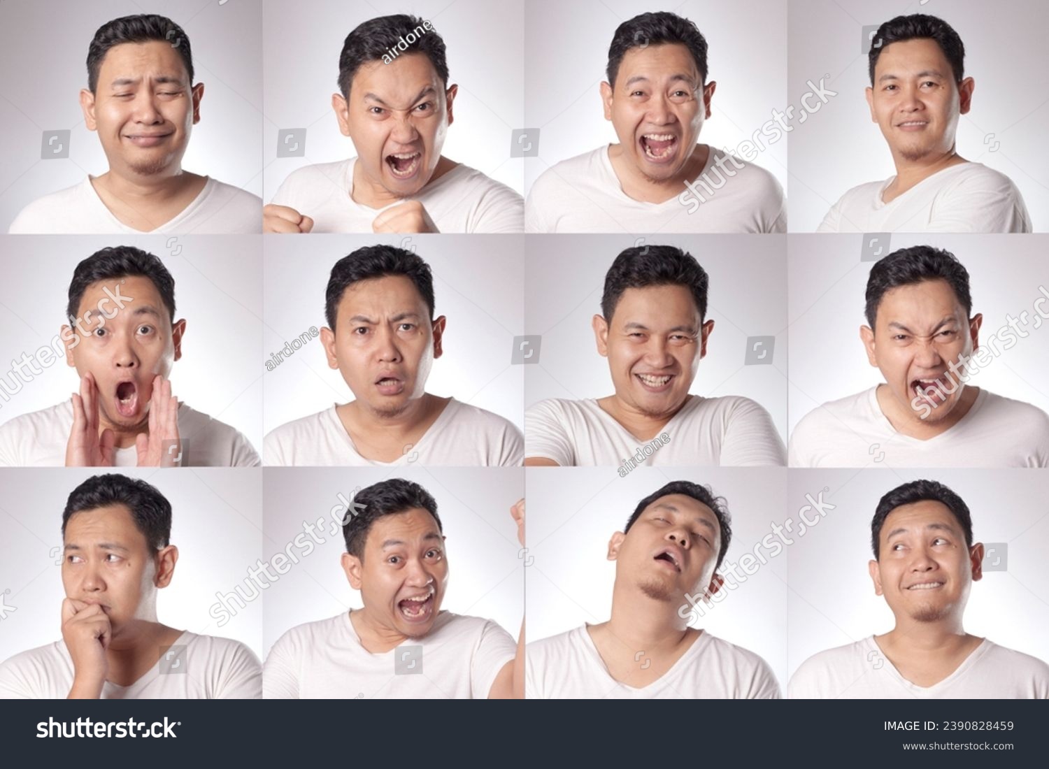 Funny Asian male with various face expressions, happy, smile, laugh, angry, hurt, crying in set collages #2390828459