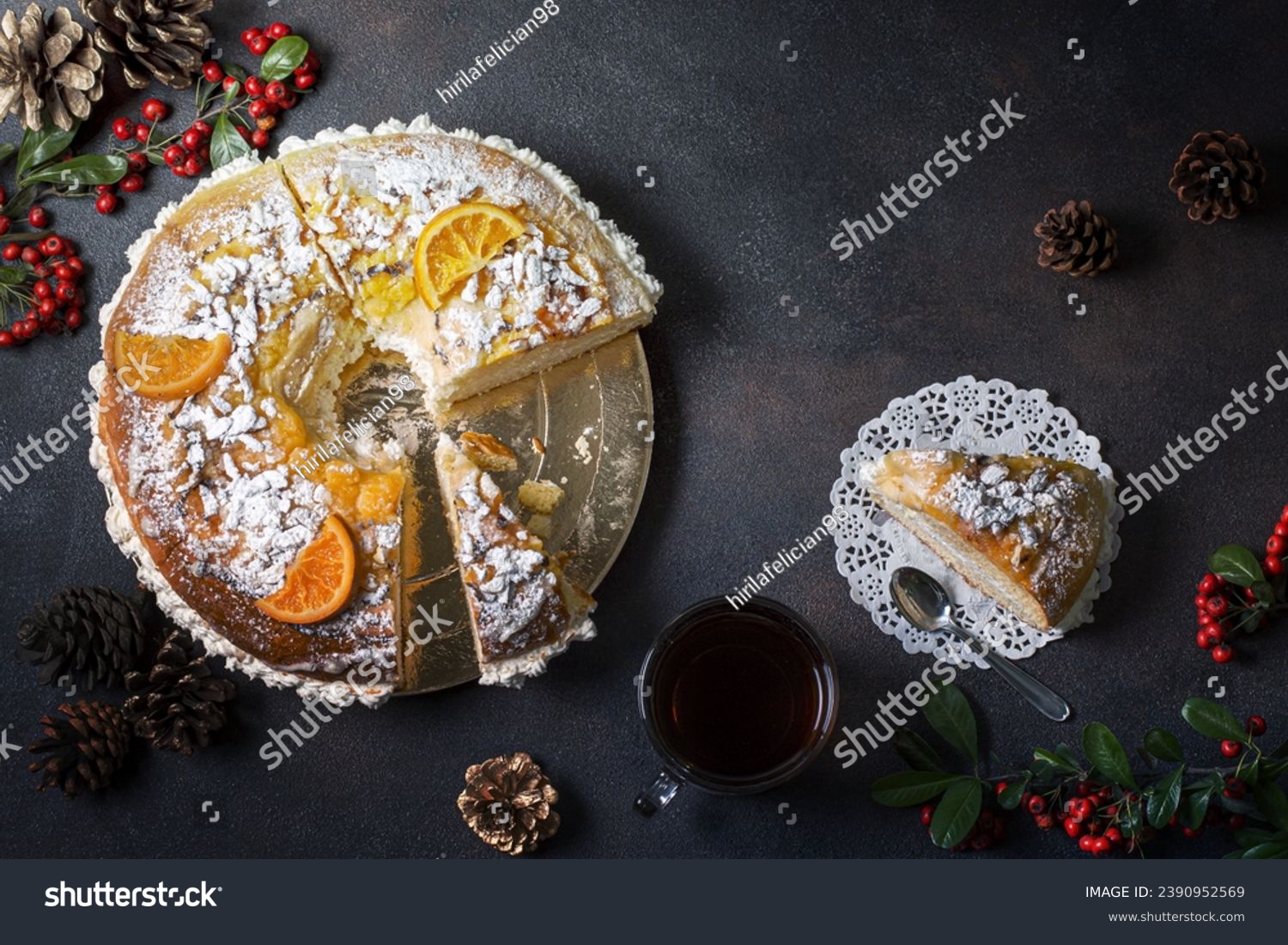 Top view epiphany day dessert with spruce oranges #2390952569