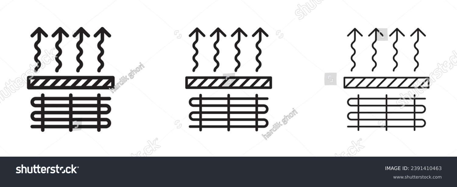 Underfloor Heating vector icon set. Radiant thermal heater vector symbol for UI designs in black and white color. #2391410463