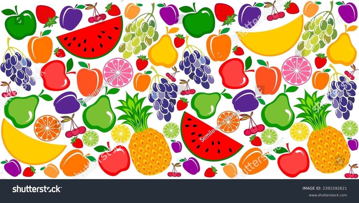 Fruits seamless pattern. Background of fresh falling mixed fruits isolated on white background. Healthy food. Top view, flat layout. Good for textile fabric design, wrapping paper, website wallpapers #2391592621