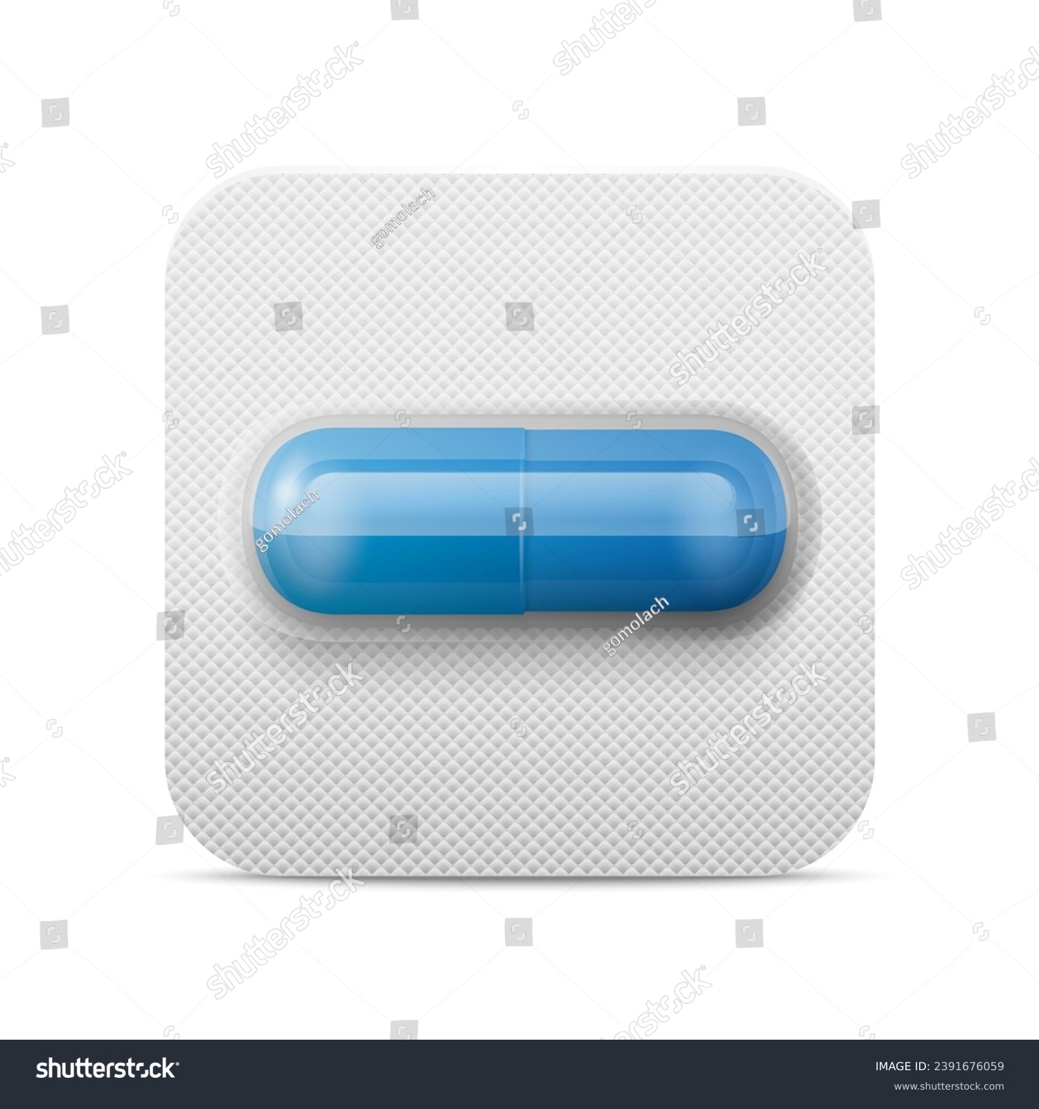 Vector Realistic Pharmaceutical Medical Blue Pill, Vitamins, Capsule in Blister Closeup Isolated. Pill in Blister Packaging Design Template. Front View. Medicine, Health Concept #2391676059