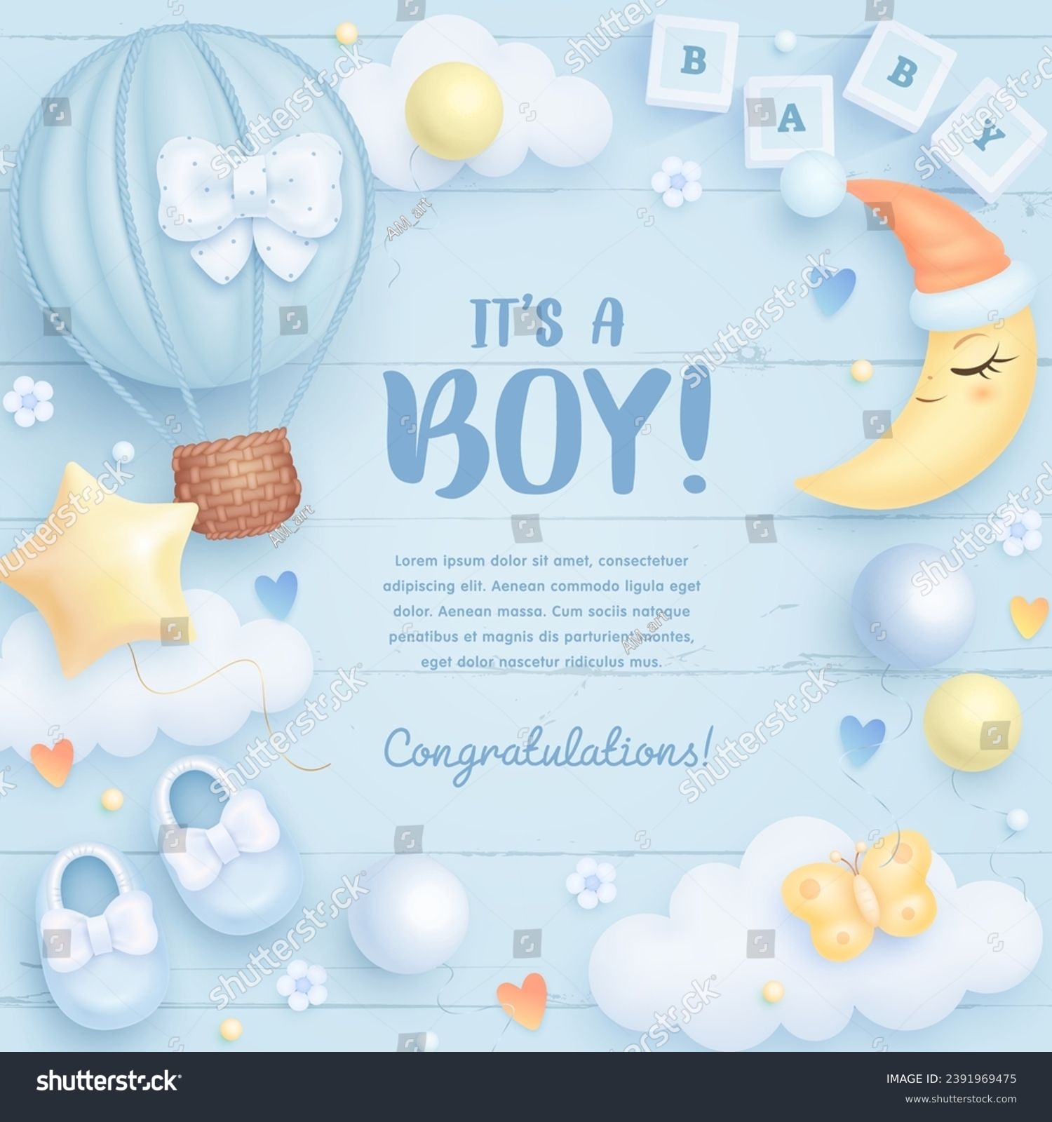 Baby shower square invitation, card, banner with cartoon hot air balloon, shoes, crescent moon and helium balloons on blue background. It's a boy. Vector illustration #2391969475