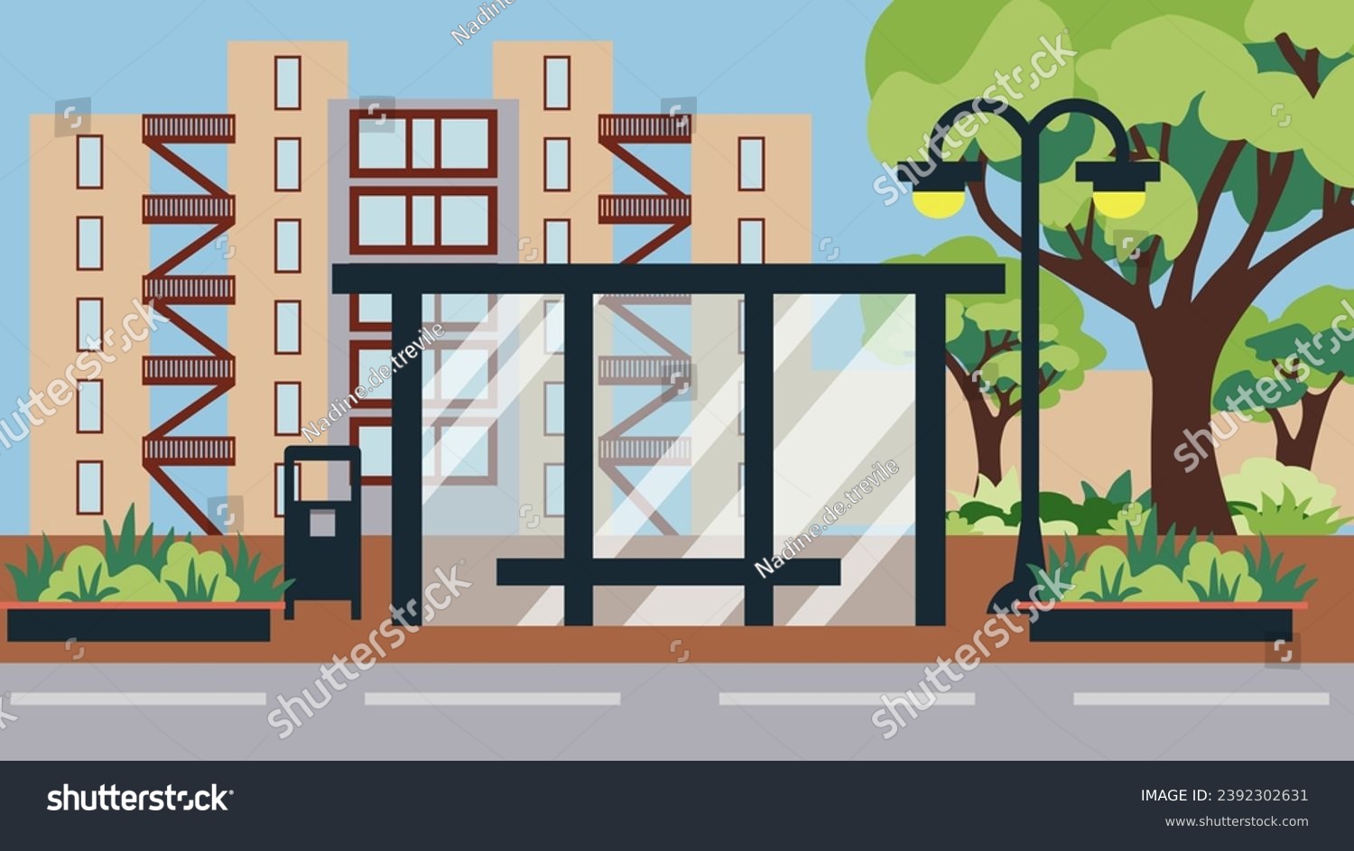 Illustration of a bus stop on a summer street of a cozy city against the background of a house and trees, illustration in a flat style. #2392302631