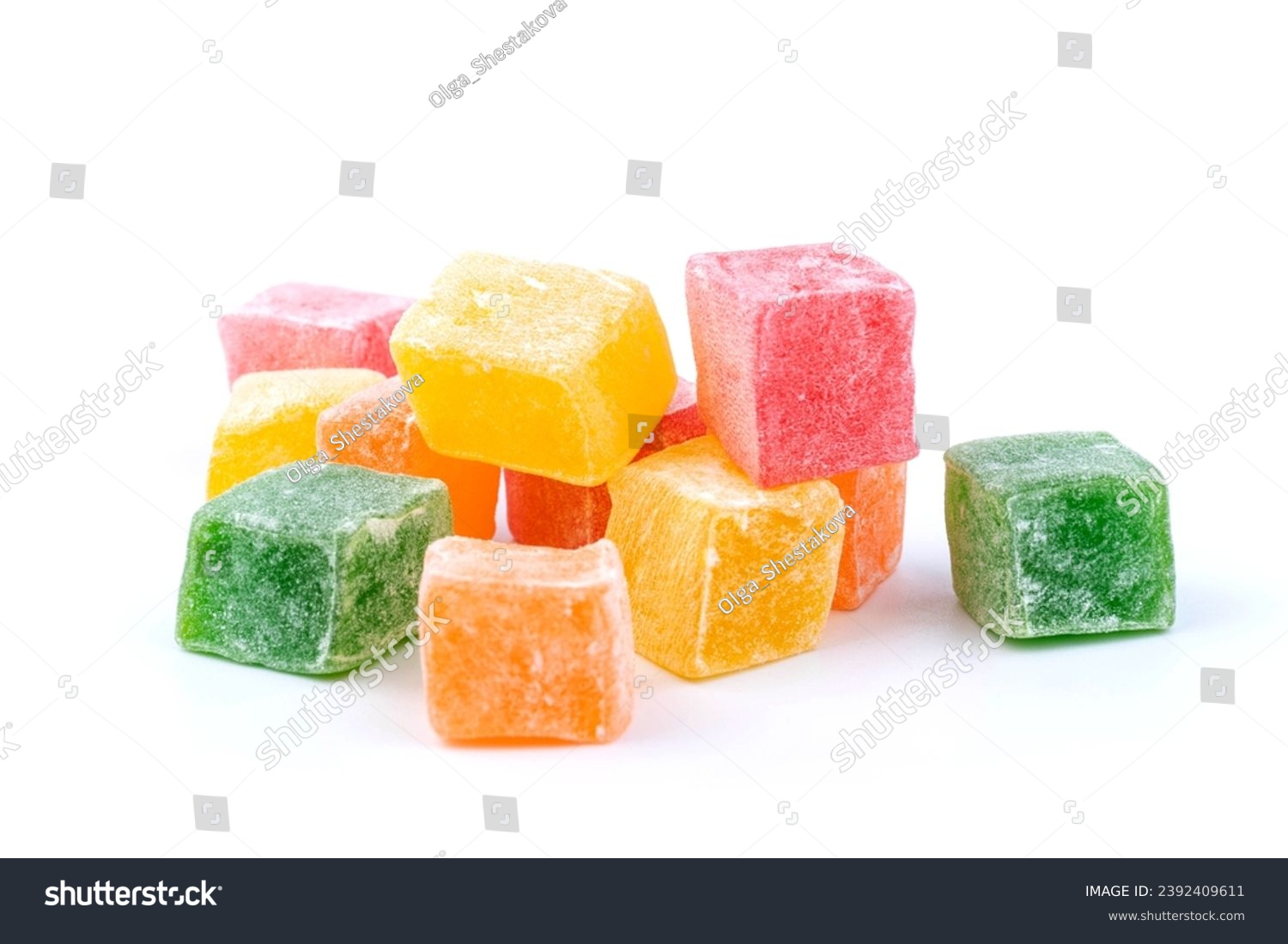 Traditional Turkish delight isolated on white background. Assorted. Sweet delicious lukum color #2392409611