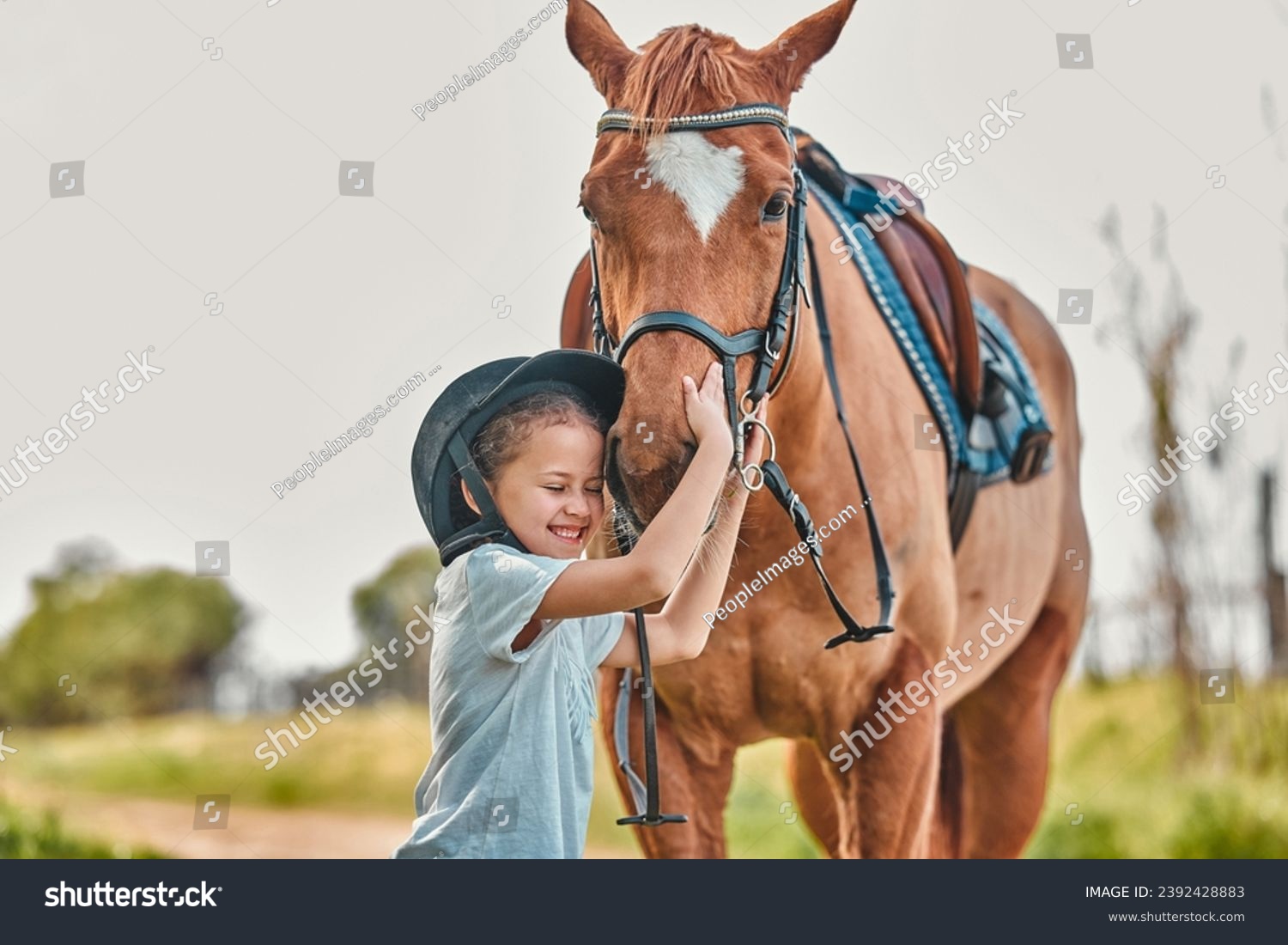 Kid, horse and smile in nature with love, adventure and care with animal, bonding together and relax on farm. Ranch, kid and pet with childhood, freedom or countryside with happiness, stallion or joy #2392428883