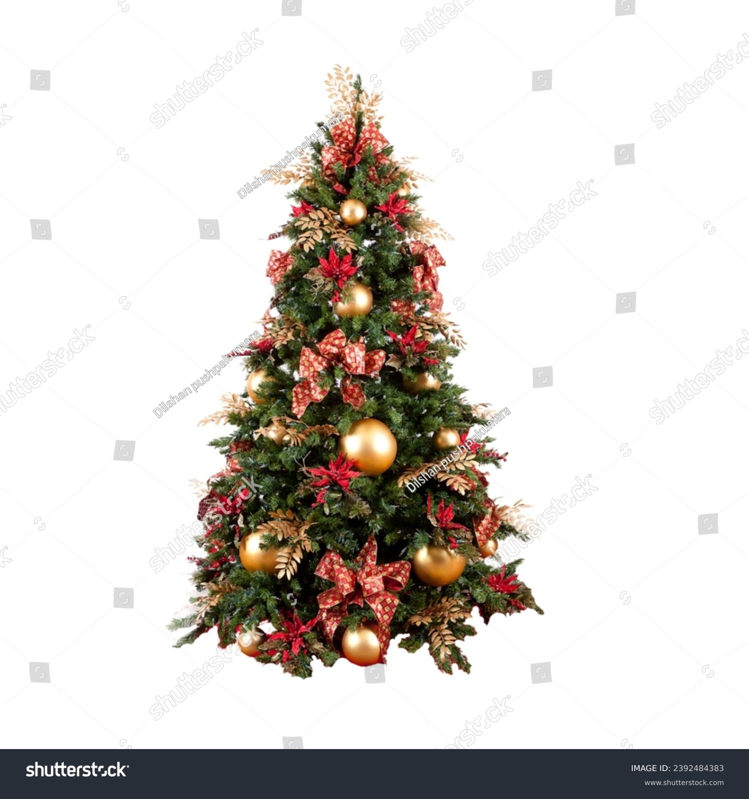 christmas tree in white background ,christmas tree decorated with light start red and golden ball in a red paint concrete wall for a merry chirstmas day. #2392484383
