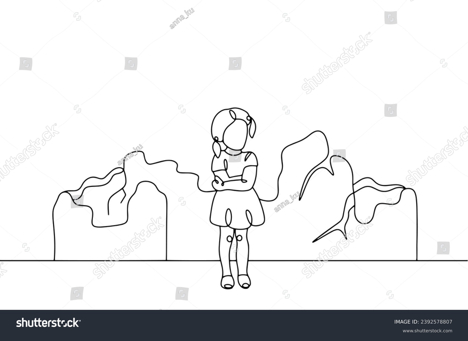 An orphan girl near the ruins of a house destroyed by war. World Day of War Orphans. Vector illustration. Images produced without the use of any form of AI software at any stage.  #2392578807