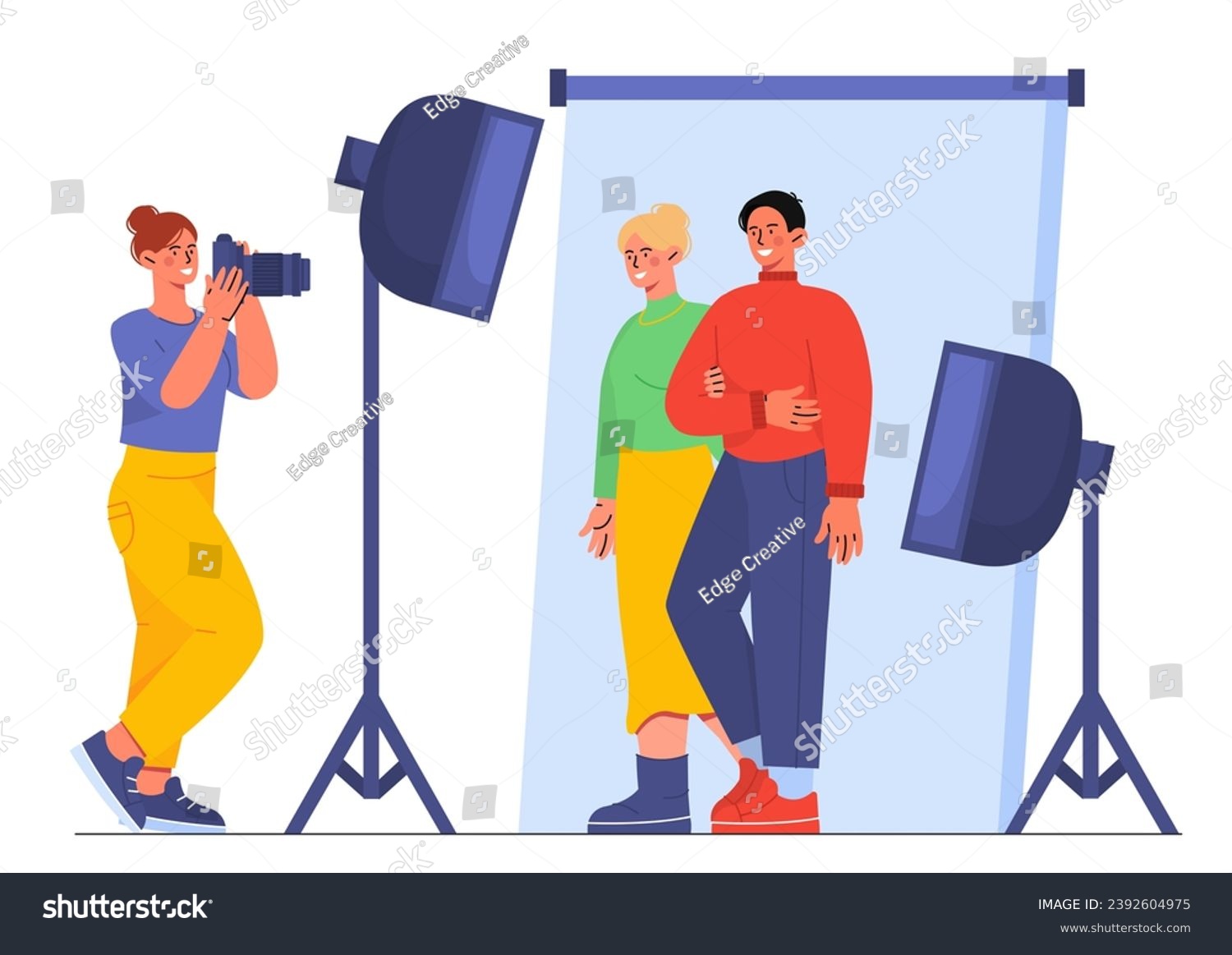 People in photo studio concept. Photographer with clients near softboxes. Papparazzi with lights make photography of couple. Cartoon flat vector illustration isolated on white background #2392604975