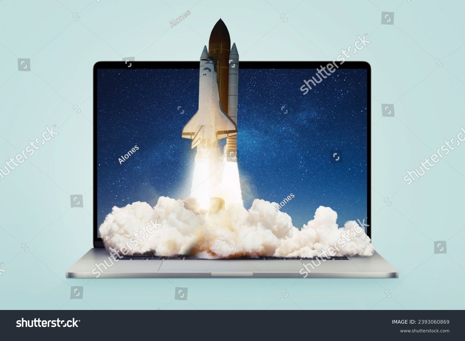Creative laptop and rocket with smoke and blast lift off up, creative idea. Boosting applications and workflows, concept. Launching the shuttle spaceship from a laptop. Startup and rapid growth #2393060869