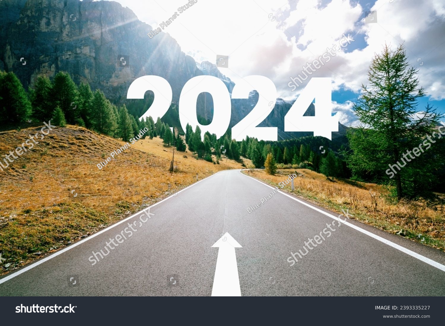 2024 New Year road trip travel and future vision concept . Nature landscape with highway road leading forward to happy new year celebration in the beginning of 2024 for bliss and successful start . #2393335227