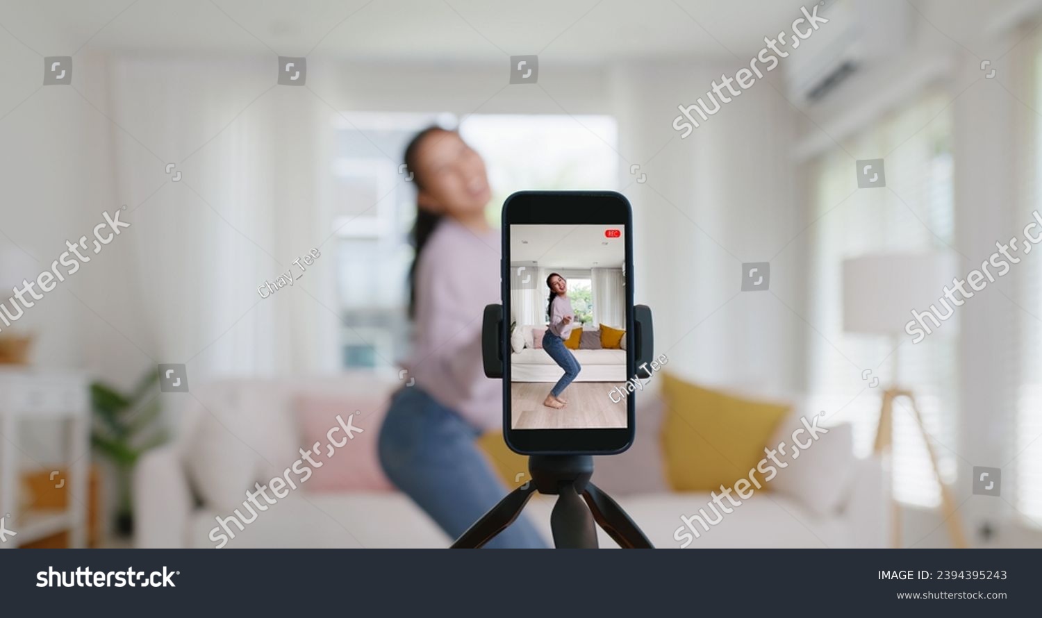 Asia vlogger woman influencer smile enjoy hobby happy fun live online screen  reel  at home Gen Z teen girl talent people play video selfie camera shoot  app show share viral story #2394395243