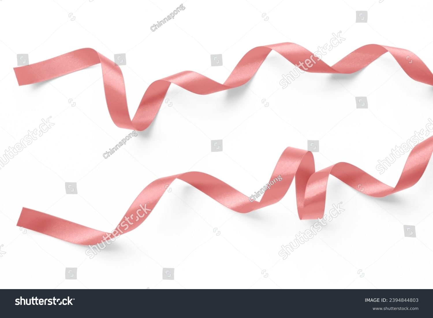 Rose gold pink ribbon satin bow scroll set isolated on white background with clipping path for Christmas and wedding card confetti design decoration element #2394844803