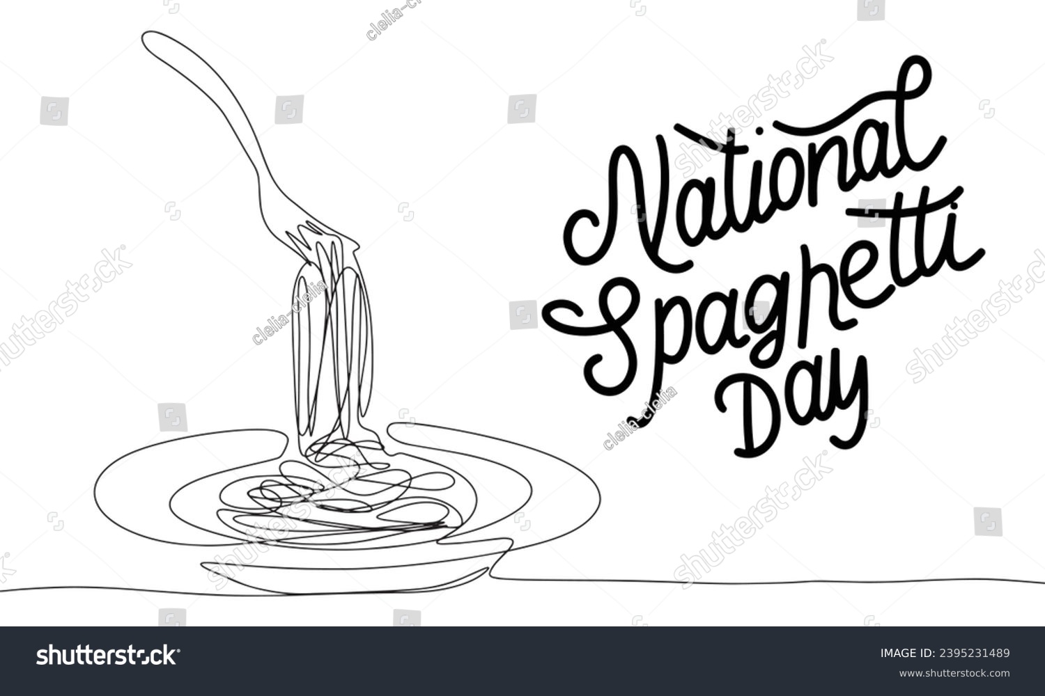 National Spaghetti Day banner. Handwriting lettering National Spaghetti Day text and line art fork with spaghetti in plate. Hand drawn vector art. #2395231489