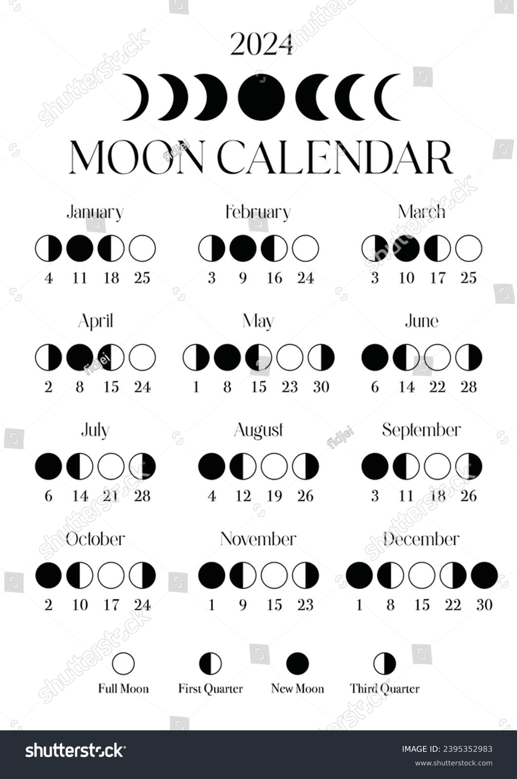 Moon calendar 2024. Printable elegant black and - Royalty Free Stock ...