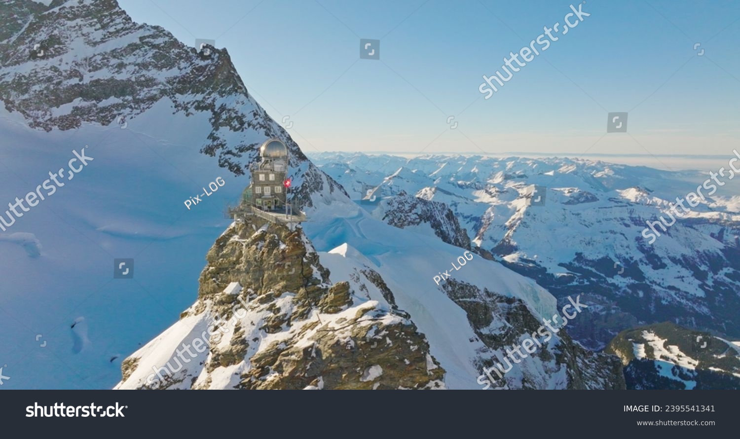 Panoramic landscape of Sphinx observatory and Aletsch glacier on Jungfraujoch Swiss Alps, Switzerland. Jungfrau top of europe in interlaken one of the highest mountain in the world on winter sunny day #2395541341