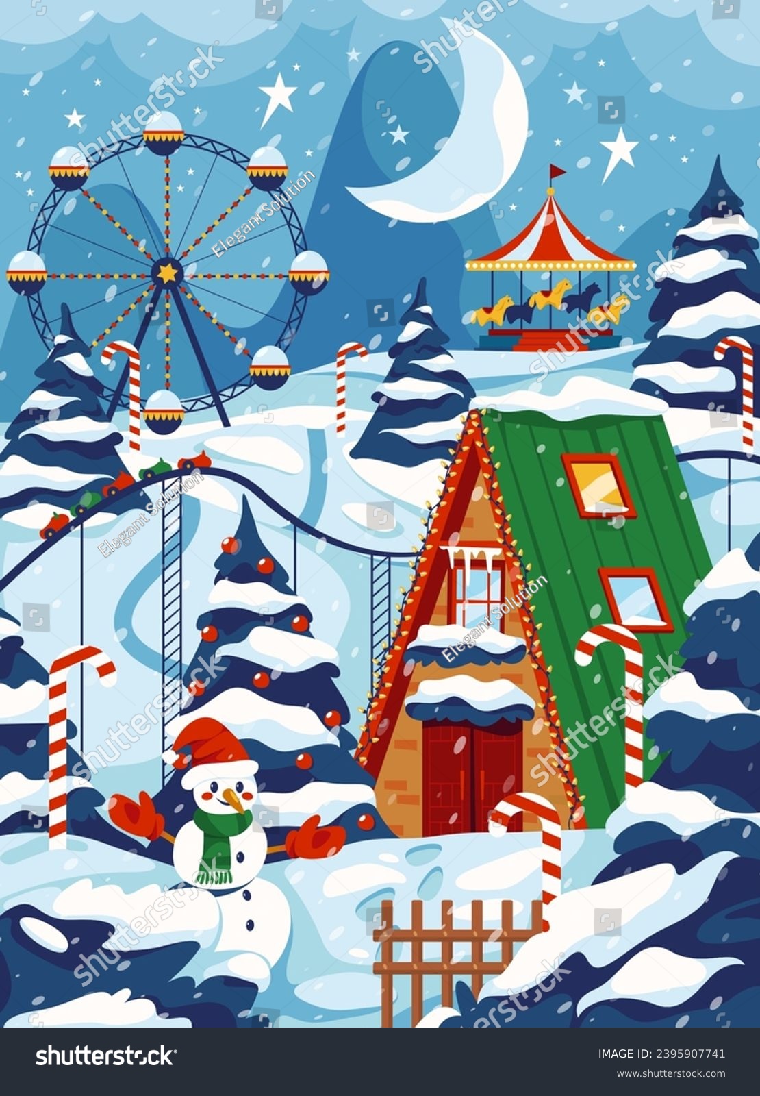 Vector Christmas card with house and ferris wheel. Image design for New Year or Xmas eve banner. Sign with carousel and snowman, fir tree. Christmastime celebration landscape. Winter holiday, festive #2395907741