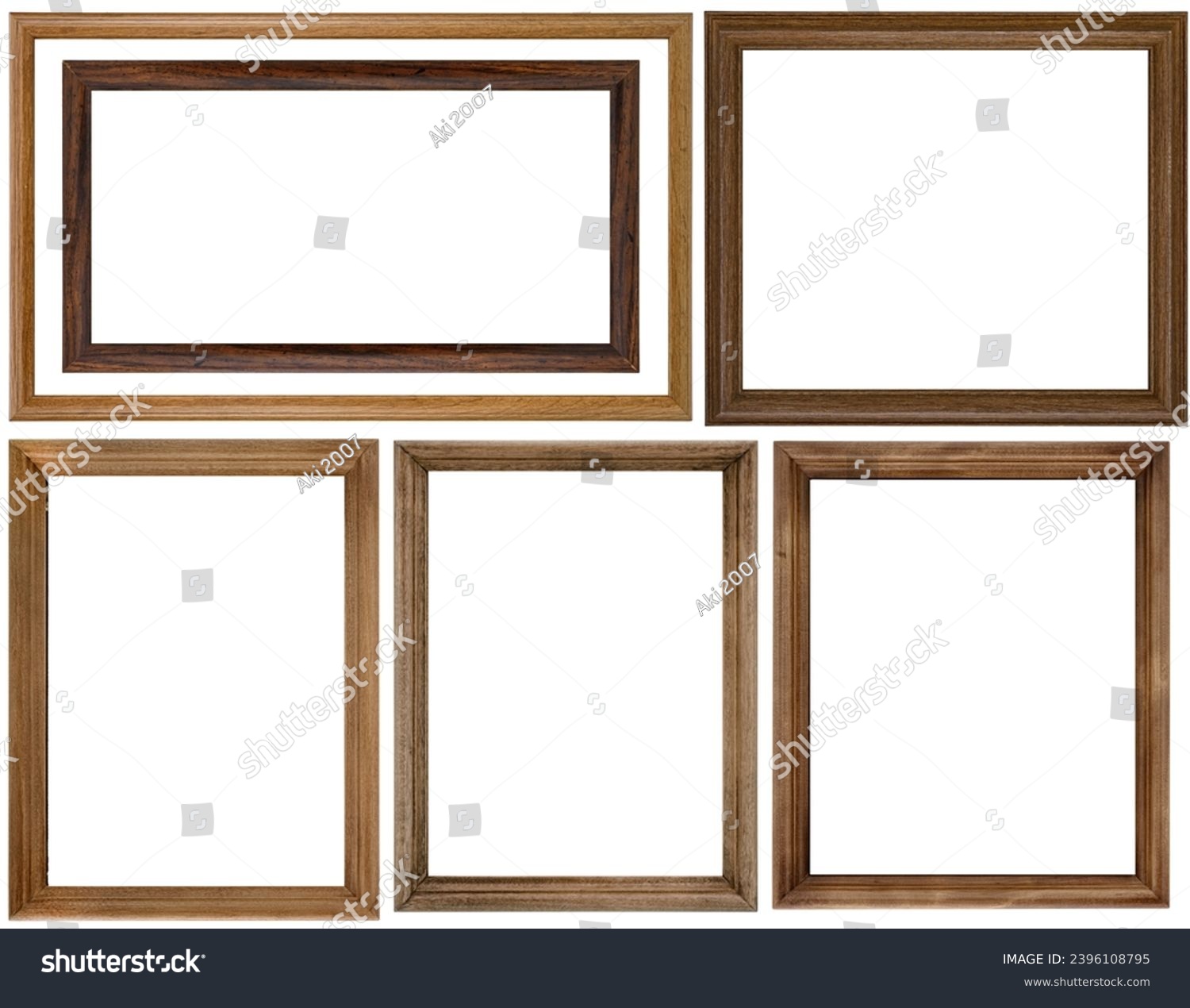Set Classic Old Vintage Wooden mockup canvas frames isolated on white background. Blank Beautiful and diverse subject moulding baguette. Design element. use for framing paintings, mirrors or photo. #2396108795