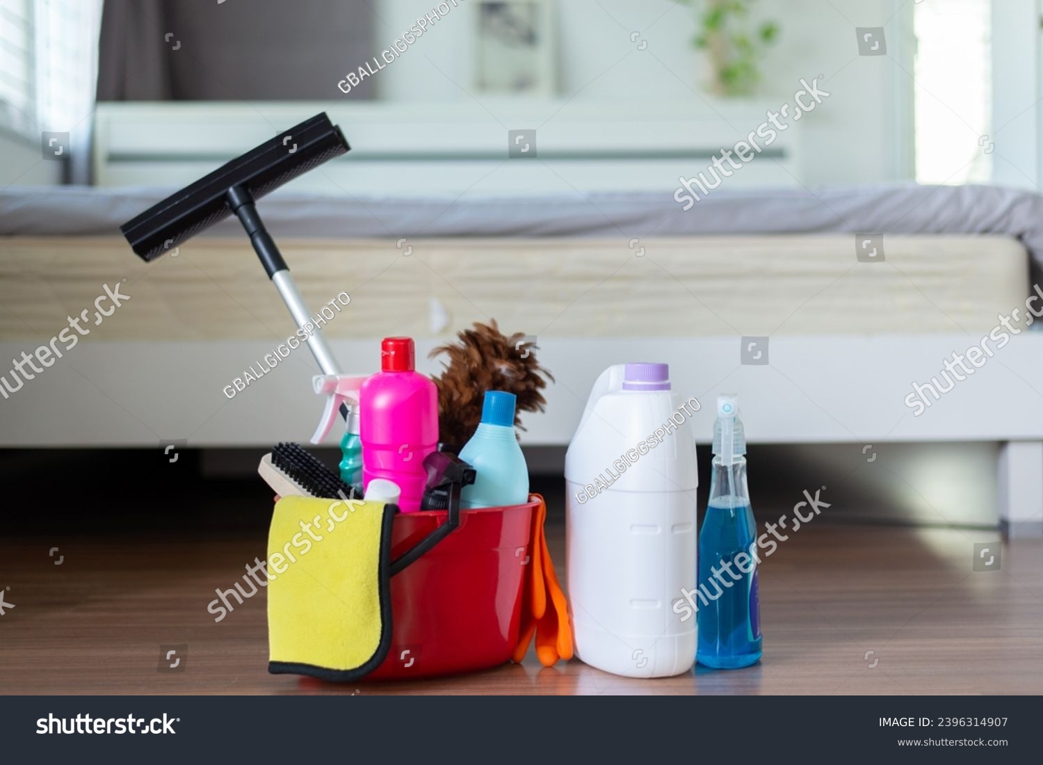A cleaning products on wooden floor in bedroom,House cleaning concept #2396314907