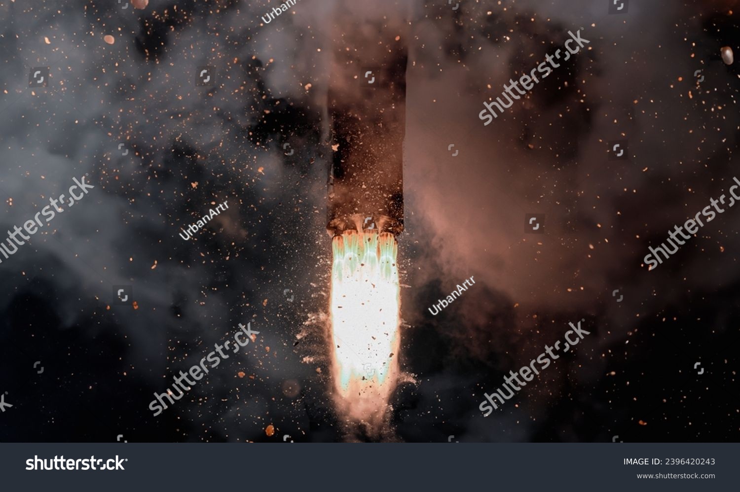 Rocket Launch at Night Powerful Takeoff with Fiery Engine and Sparking Embers. Space shuttle rocket launch concept wallpaper. Elements of this image furnished by NASA #2396420243