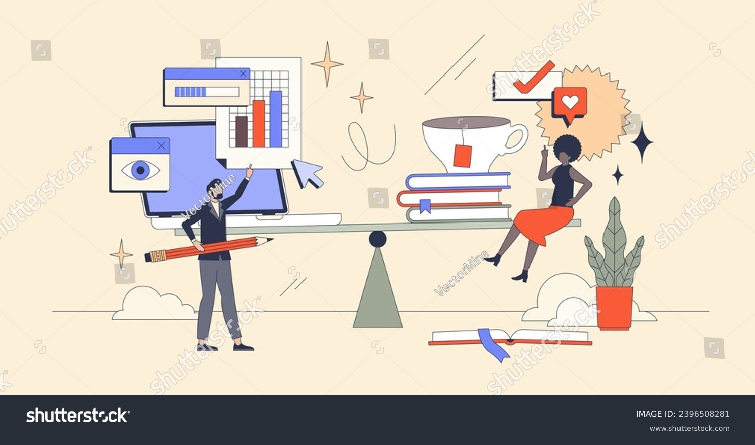 Work life balance for Gen Z with work and leisure harmony retro tiny person concept. Weights with professional business career objectives or personal life and wellness priorities vector illustration. #2396508281
