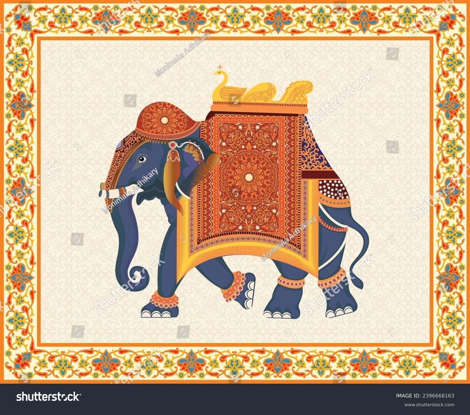 
Traditional Mughal Decorative Elephant vector illustration. Mughal elephant miniature painting. #2396666163