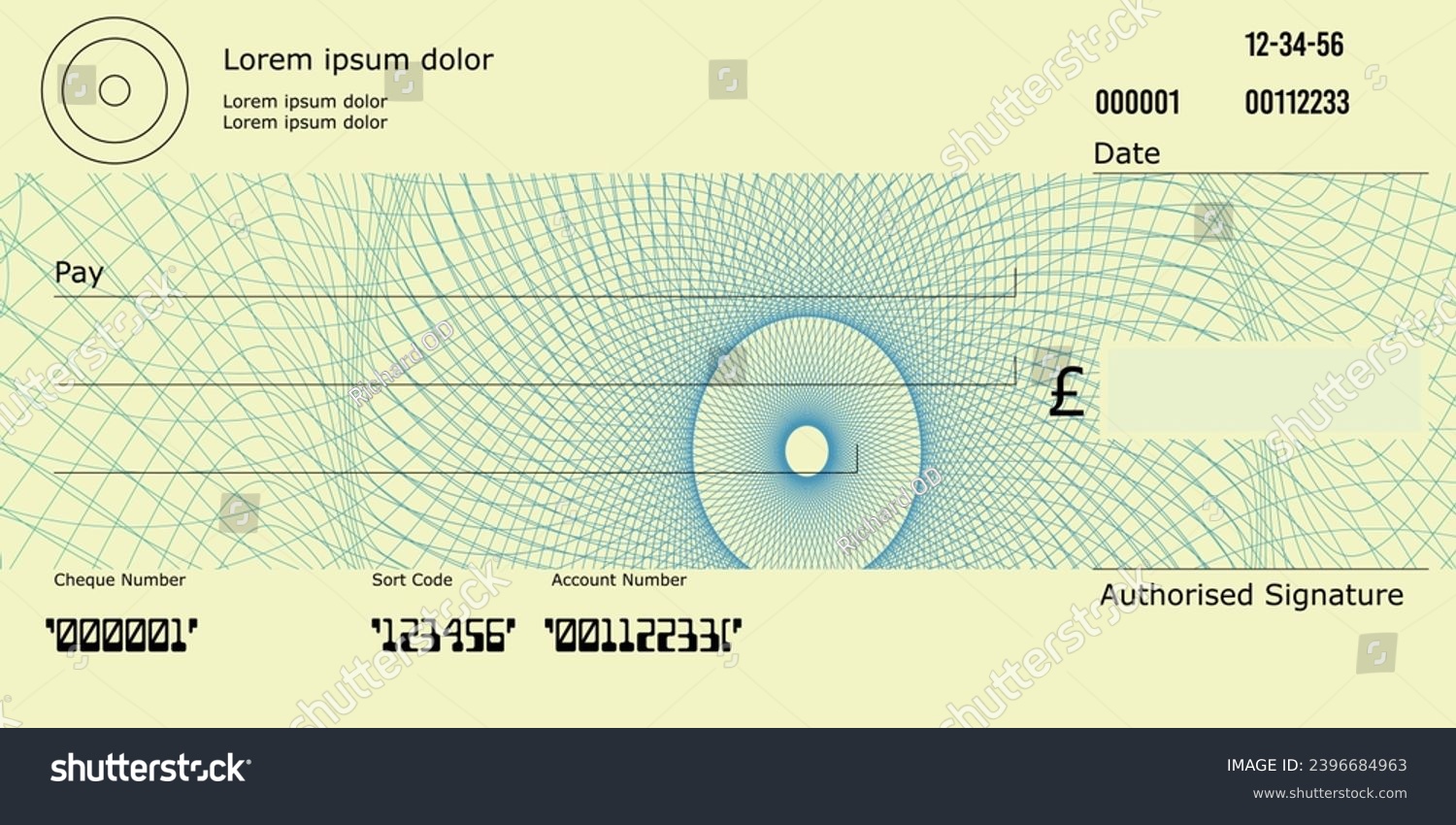 UK Blank Cheque with Pound sign and UK Spelling, Cheque template with Guilloche pattern, Bank Cheque #2396684963