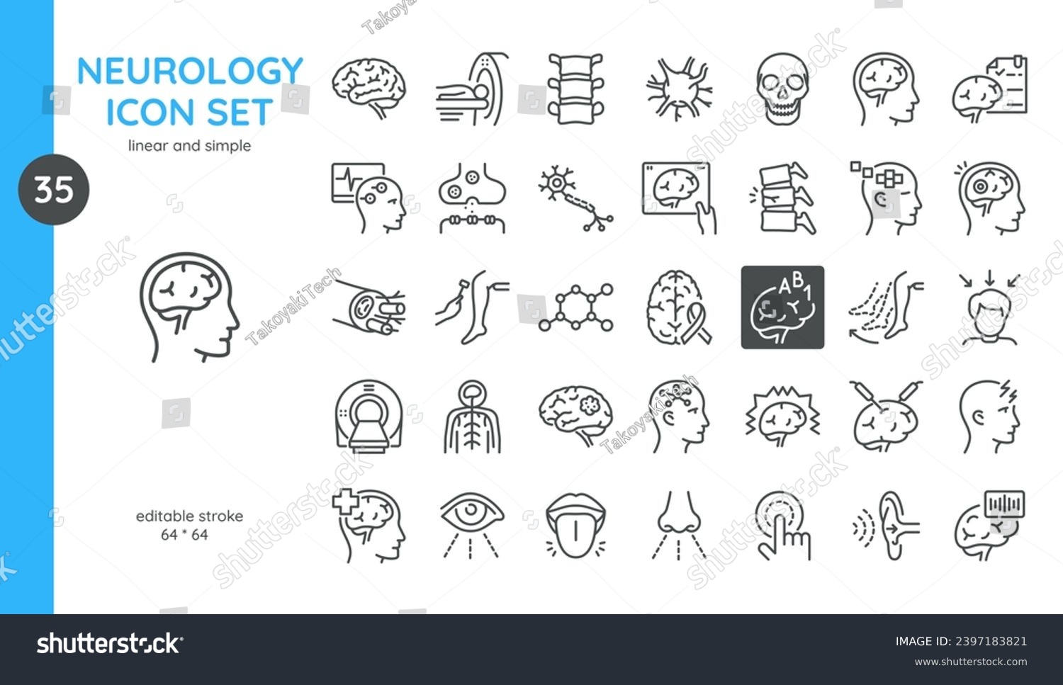 Neurology Icons Set. Thin Linear Illustrations of Brain, Neuron, Spinal cord, Synapse, MRI and CT Scan, Perceptions, Mental Health Diagnostics and Examination. Isolated Outline Vector Signs.  #2397183821