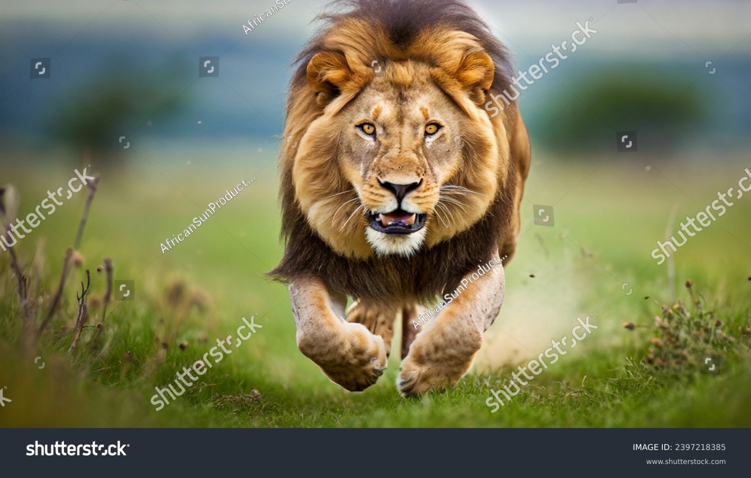 Lion running towards camera ready to charge #2397218385