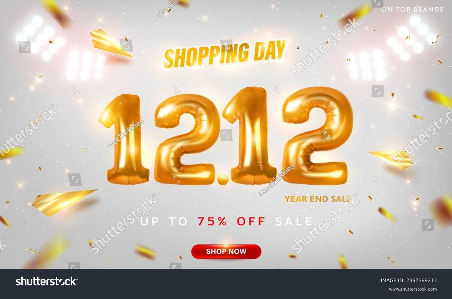 12.12 Shopping day banner template with gold confetti and spotlights on white background. Year end sale. 12 December sales. Shopping holiday, sales, discounts, promotion, ads, banner. Vector EPS10. #2397399213