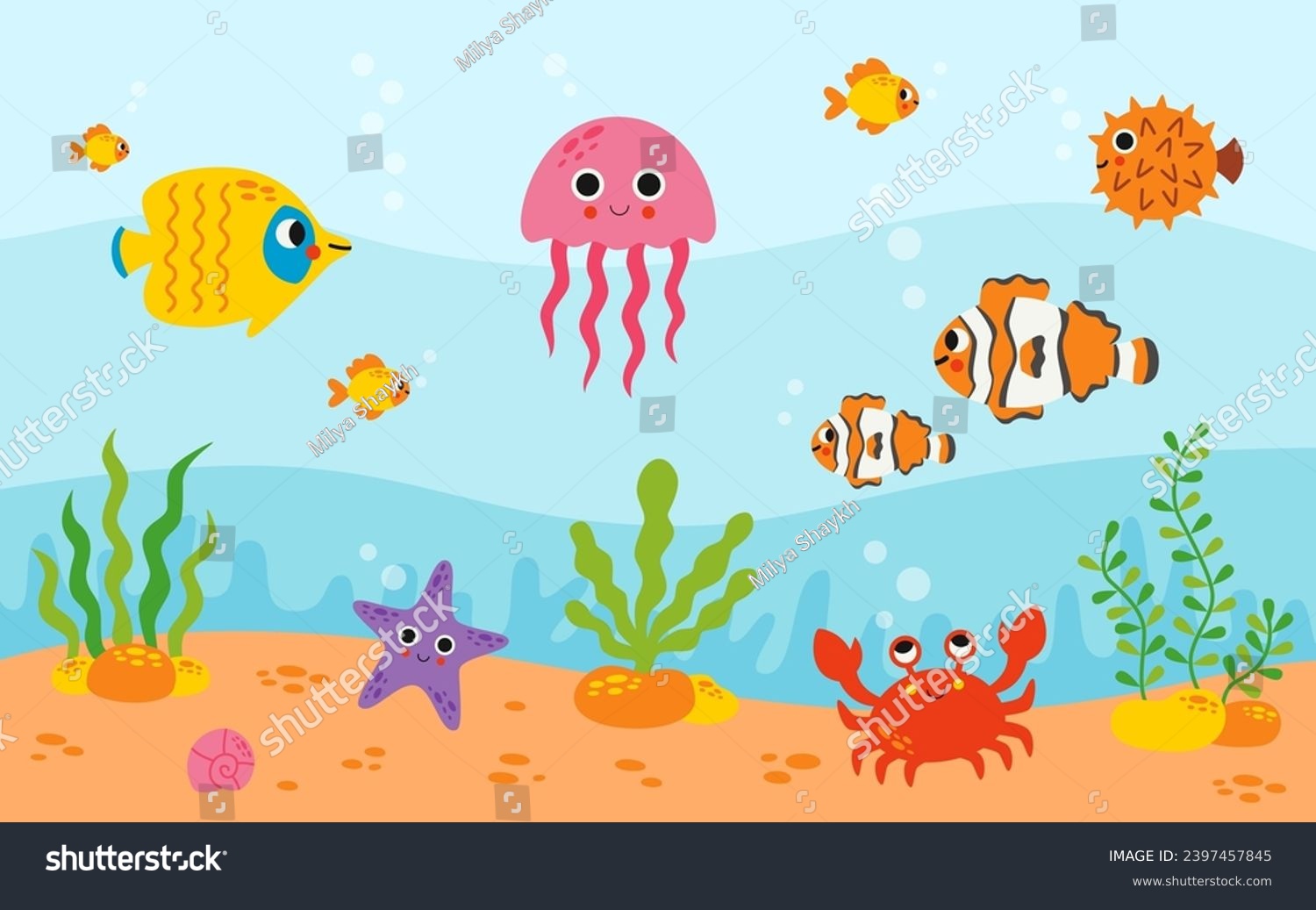 Vector illustration of cartoon cute sea animals - Royalty Free Stock ...