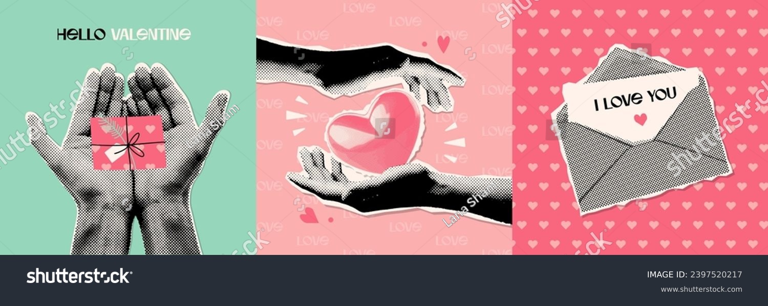 Creative set of Valentine's day greeting card covers with Halftone hand giving gift, letter and heart. Contemporary Valentine Collage Retro celebration poster for Social Media. Vector illustration 80s #2397520217