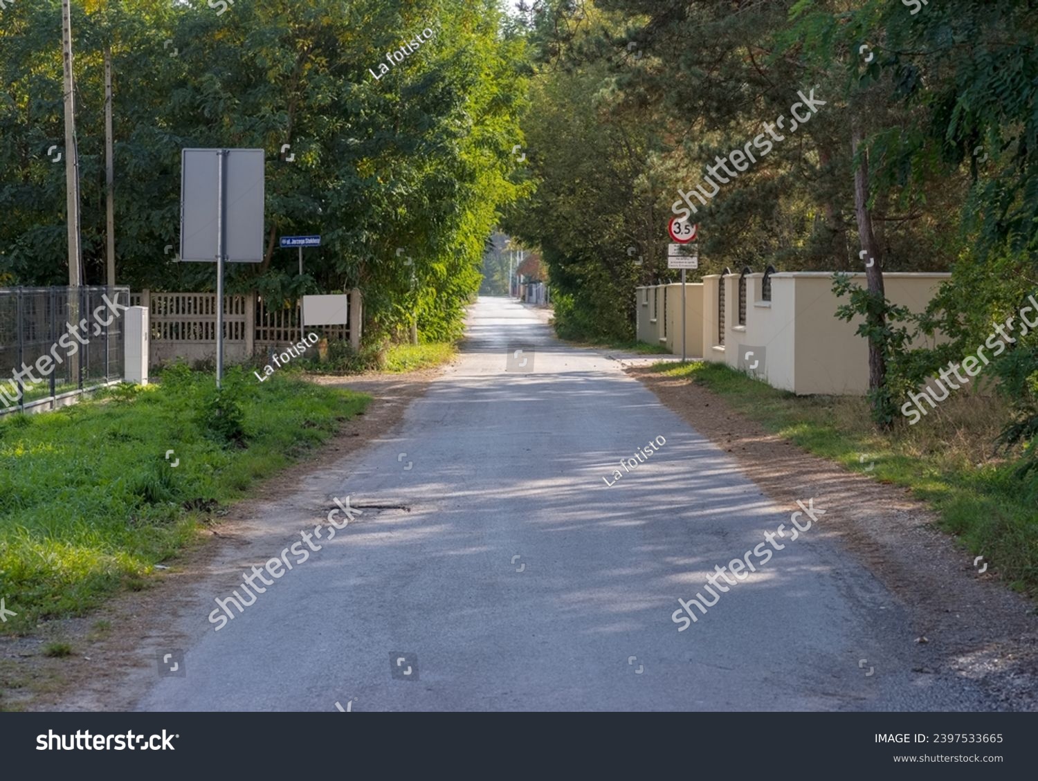 A narrow asphalt street through part of the city in a wooded "green" district. Green" nature-friendly part of the city, rich in pine forests and other flora (and fauna).  #2397533665