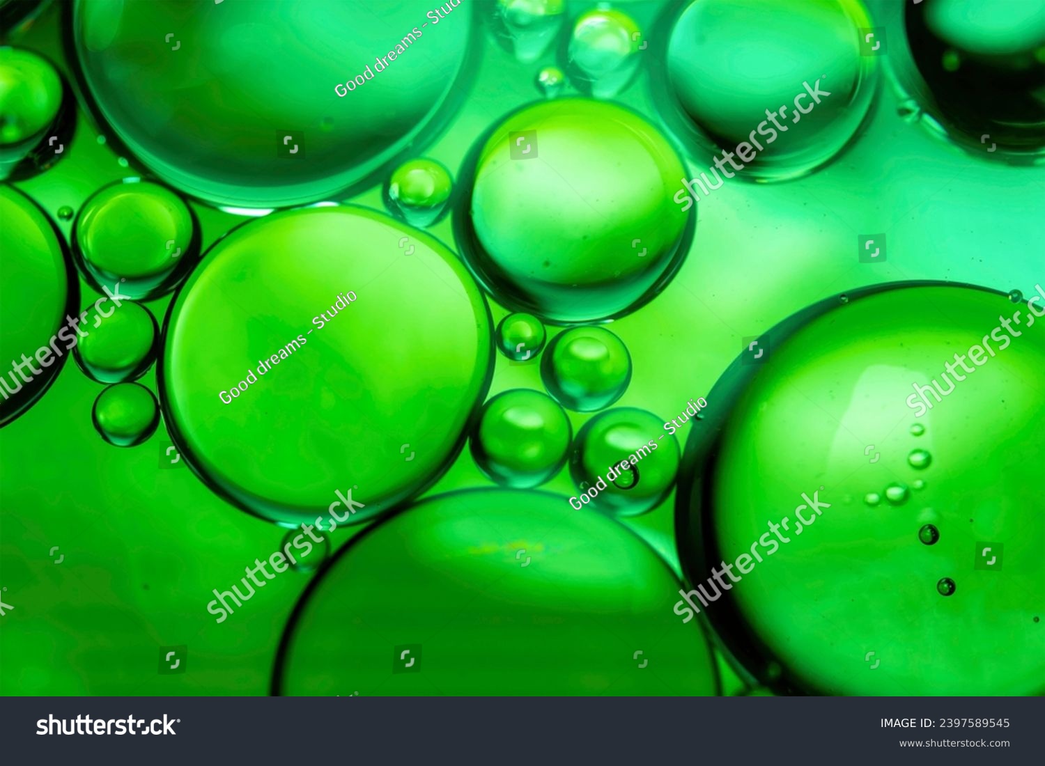 Green drops of oil or serum texture background. Abstract green fluid with bubbles	
 #2397589545