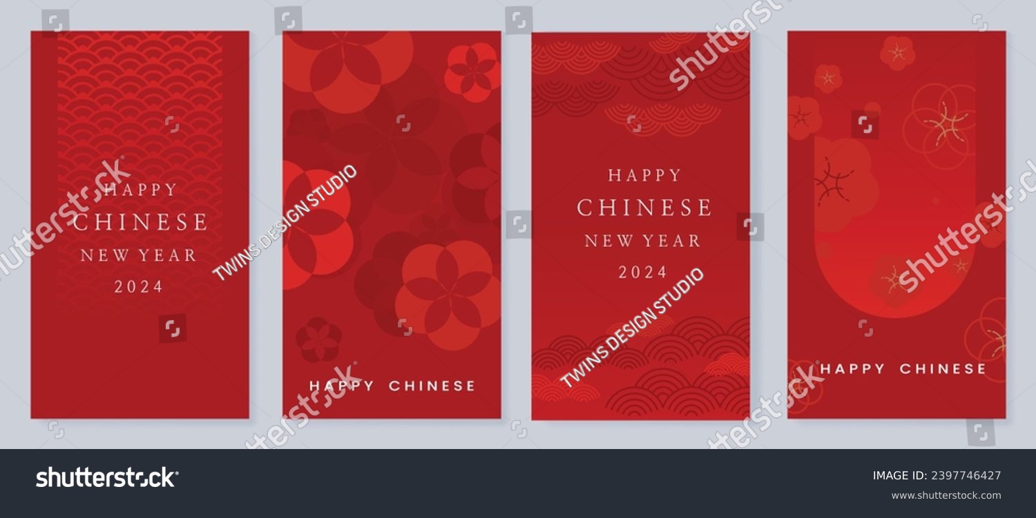 Chinese New Year 2024 card background vector. Year of the dragon design with cloud, wind, flower, pattern. Elegant oriental illustration for cover, banner, website, calendar. #2397746427