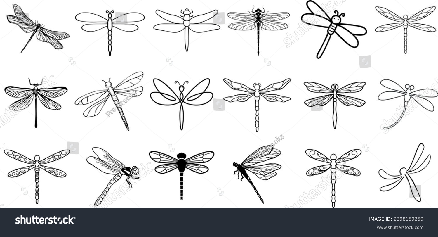 Dragonfly vector illustration set, hand-drawn, isolated on a white background. Collection of 18 unique dragonflies, High-quality, detailed sketches capturing the beauty of these summer insects #2398159259