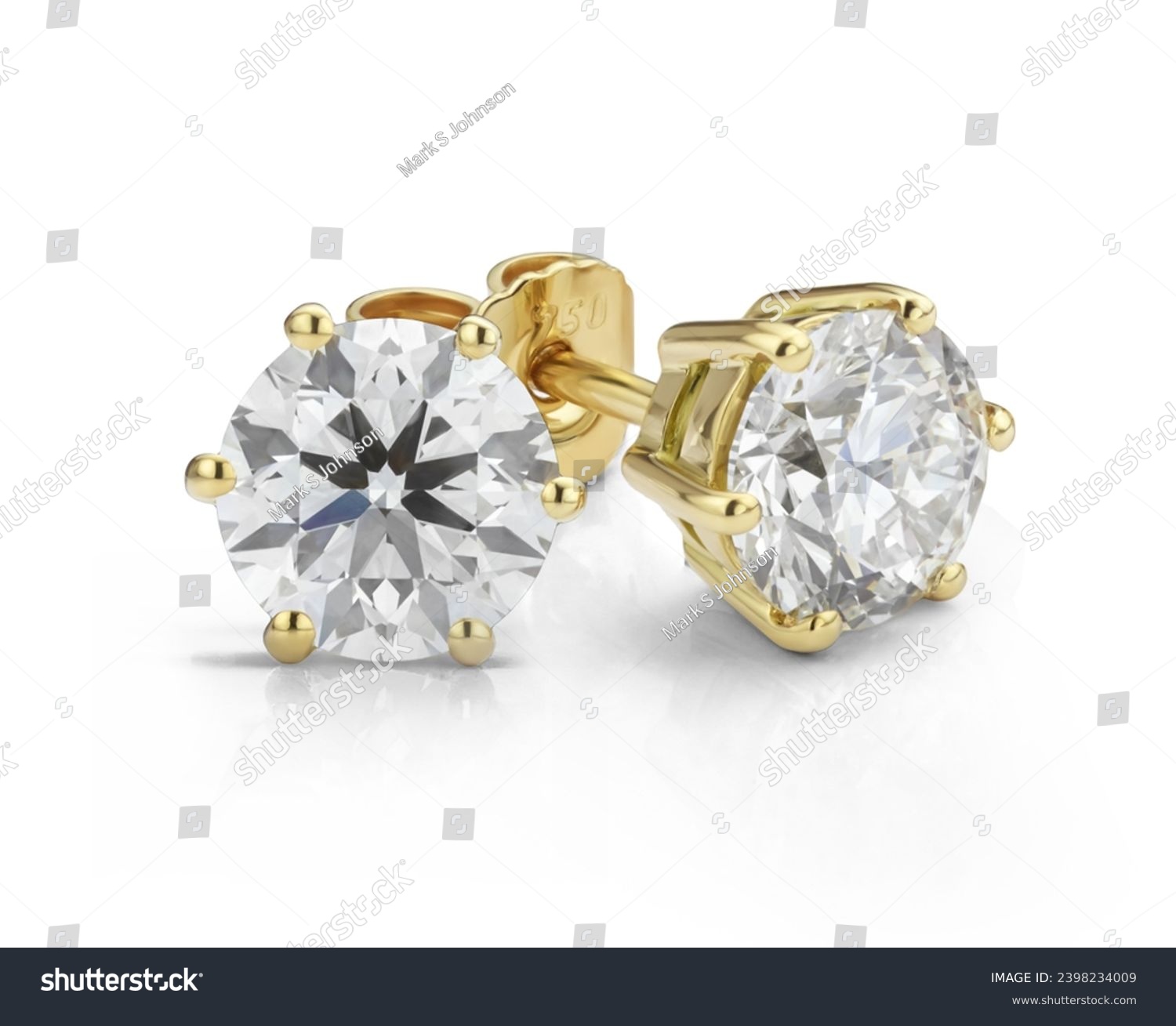 Yellow Gold Diamond Stud Earrings. Front and Side View of Solitaire Diamond Earrings Isolated on a White Background.  #2398234009