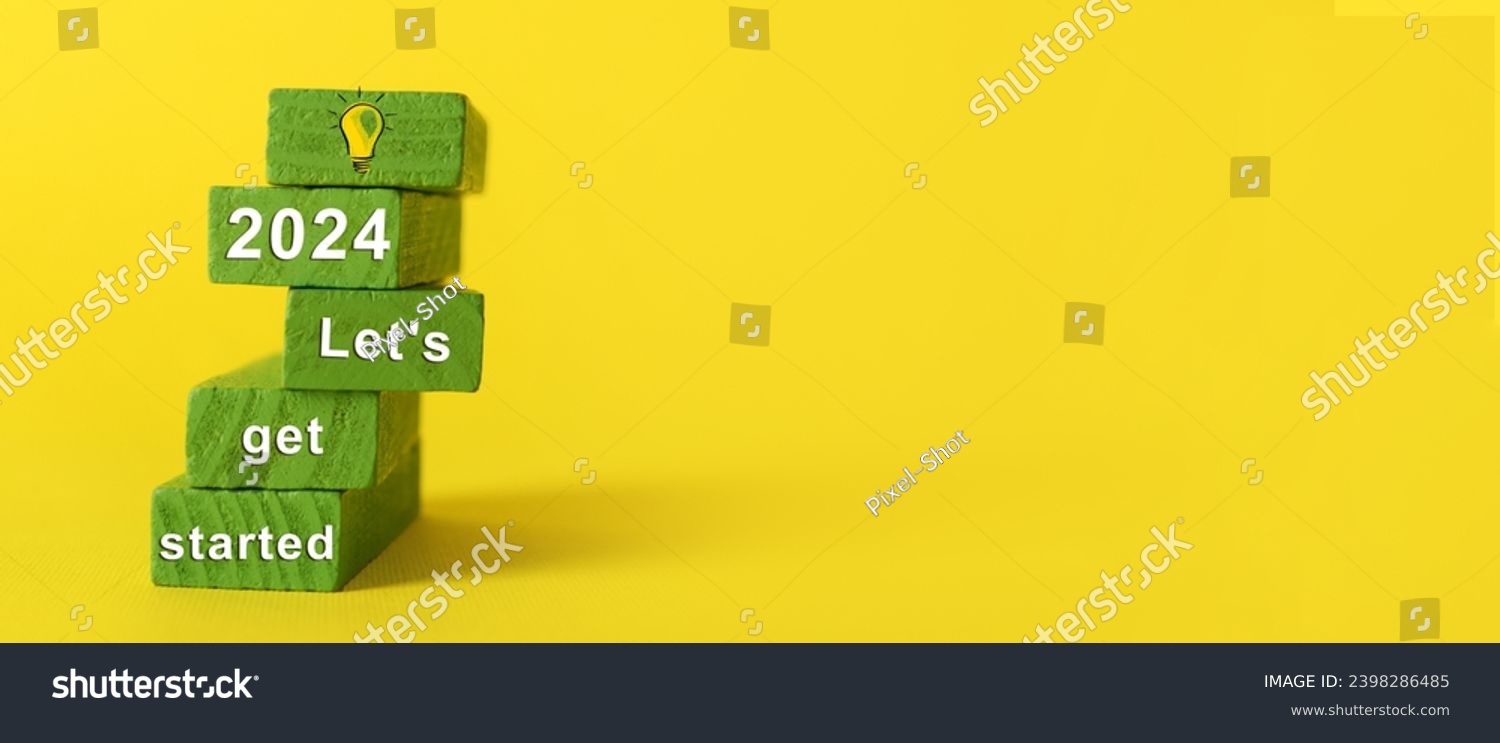 Green blocks with figure 2024 and text LET'S GET STARTED on yellow background #2398286485