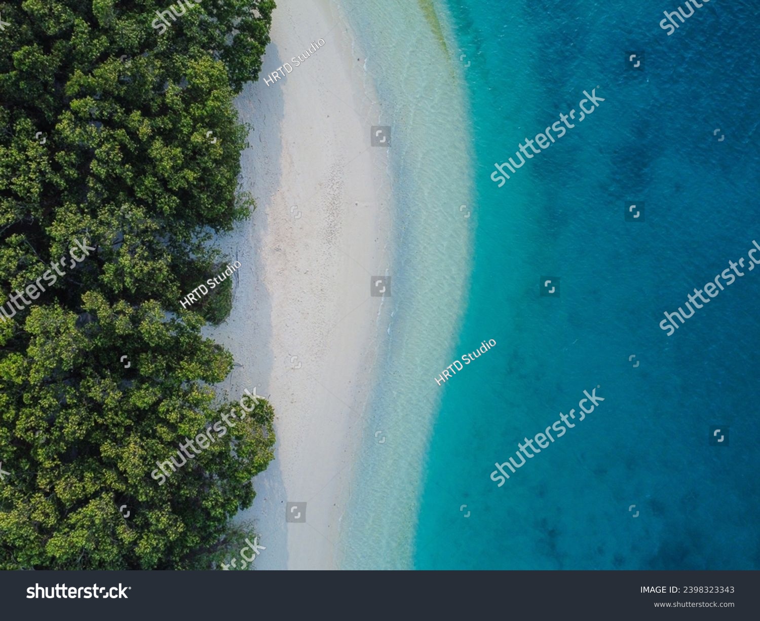 Top down aerial view from a combination of a long white sand beach with bright blue sea and green coconut trees, mangroves and ketapang trees on the beach. Beautiful background concept. Nice wallpaper #2398323343