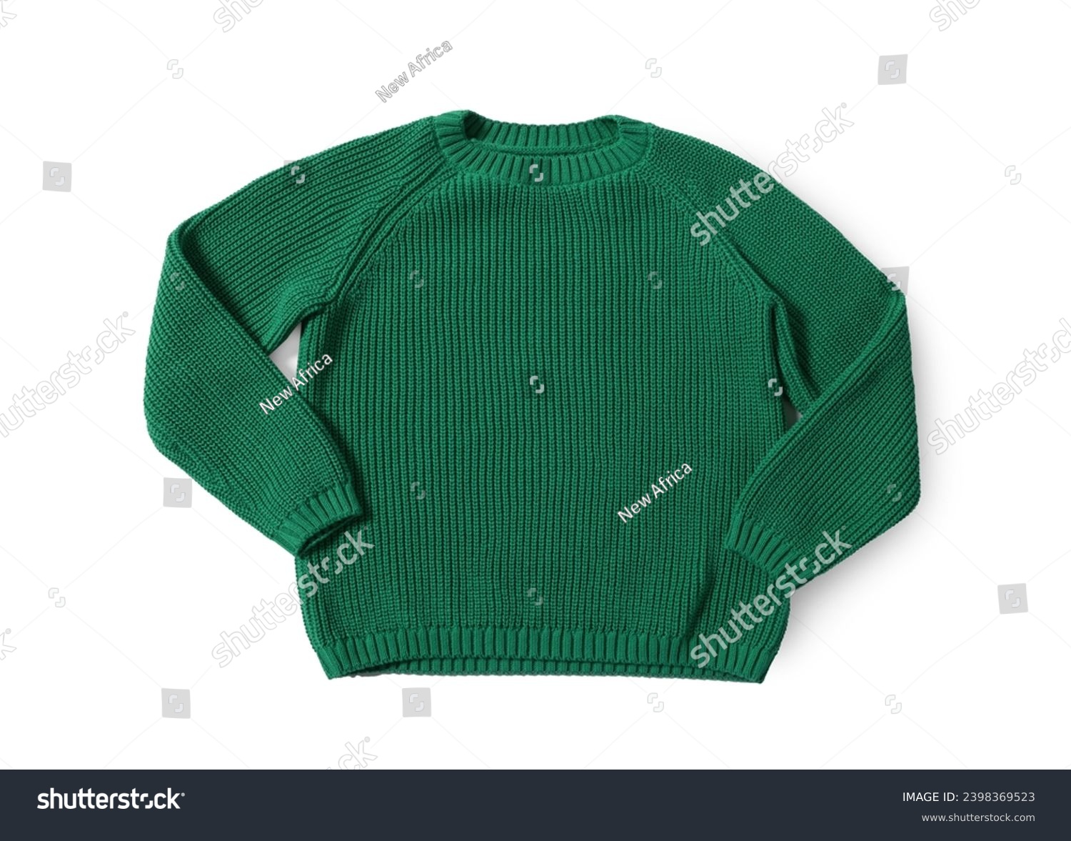 Stylish green knitted sweater isolated on white, top view #2398369523
