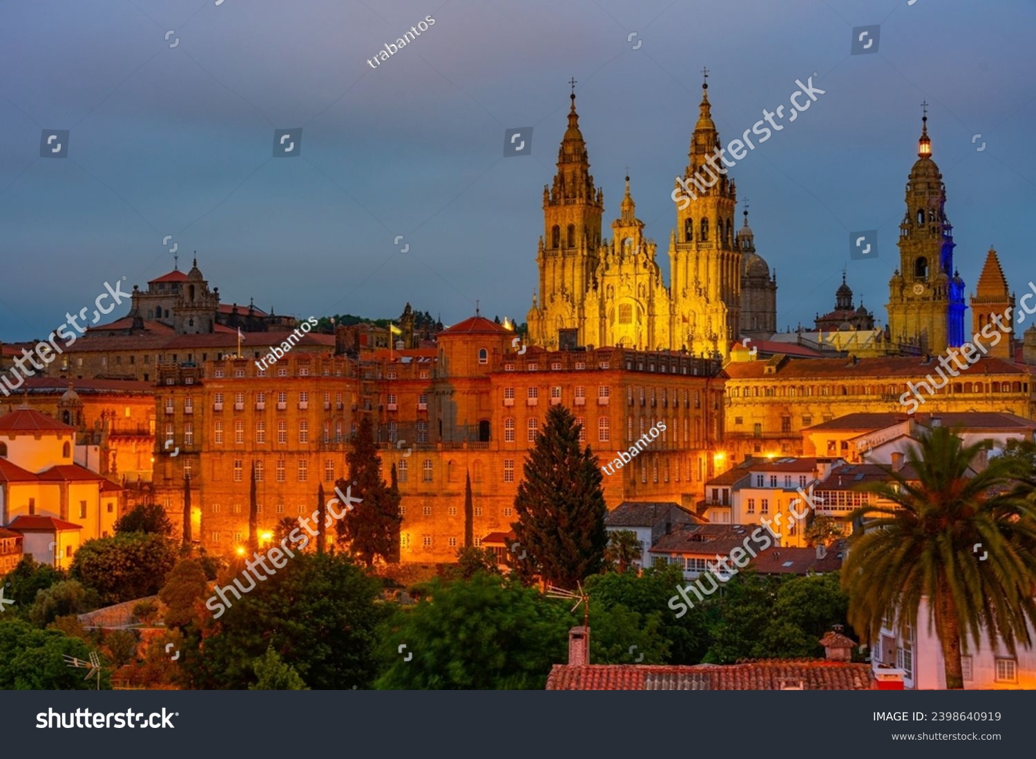 Night panorama view of the Cathedral of Santiago de Compostela in Spain. #2398640919