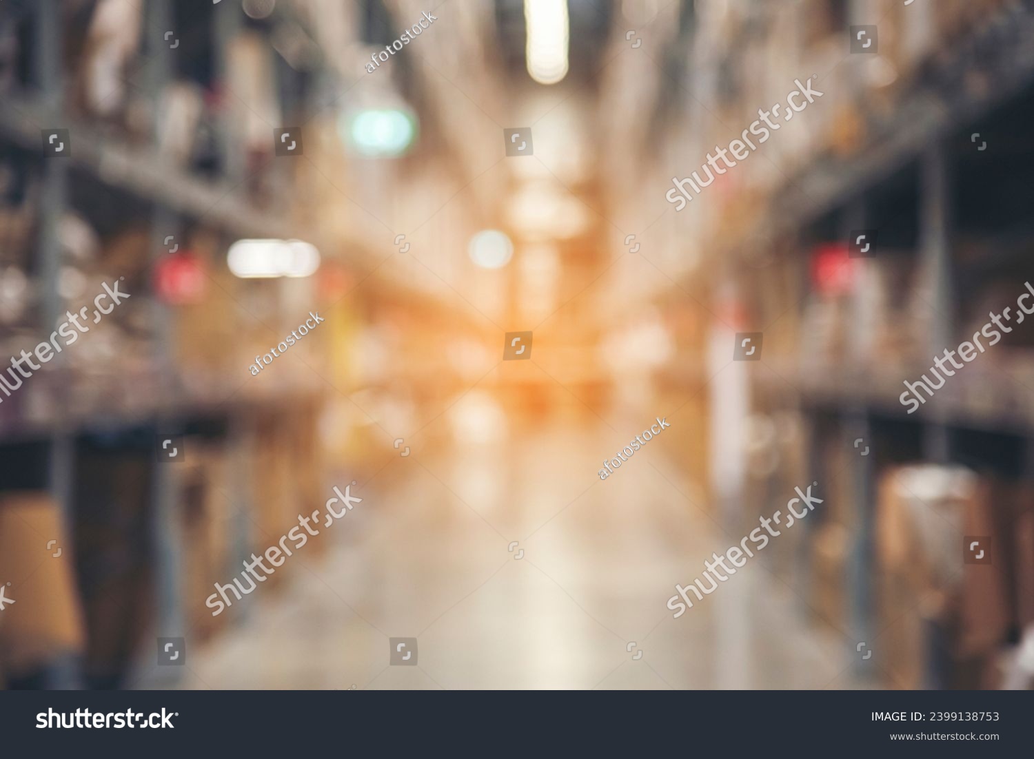 Warehouse background storage inventory shelf with freight container aisle space. Goods supply lot shelf cardboard store box pallet. Commercial packaging on steel rack. Aisle in storehouse inventory #2399138753