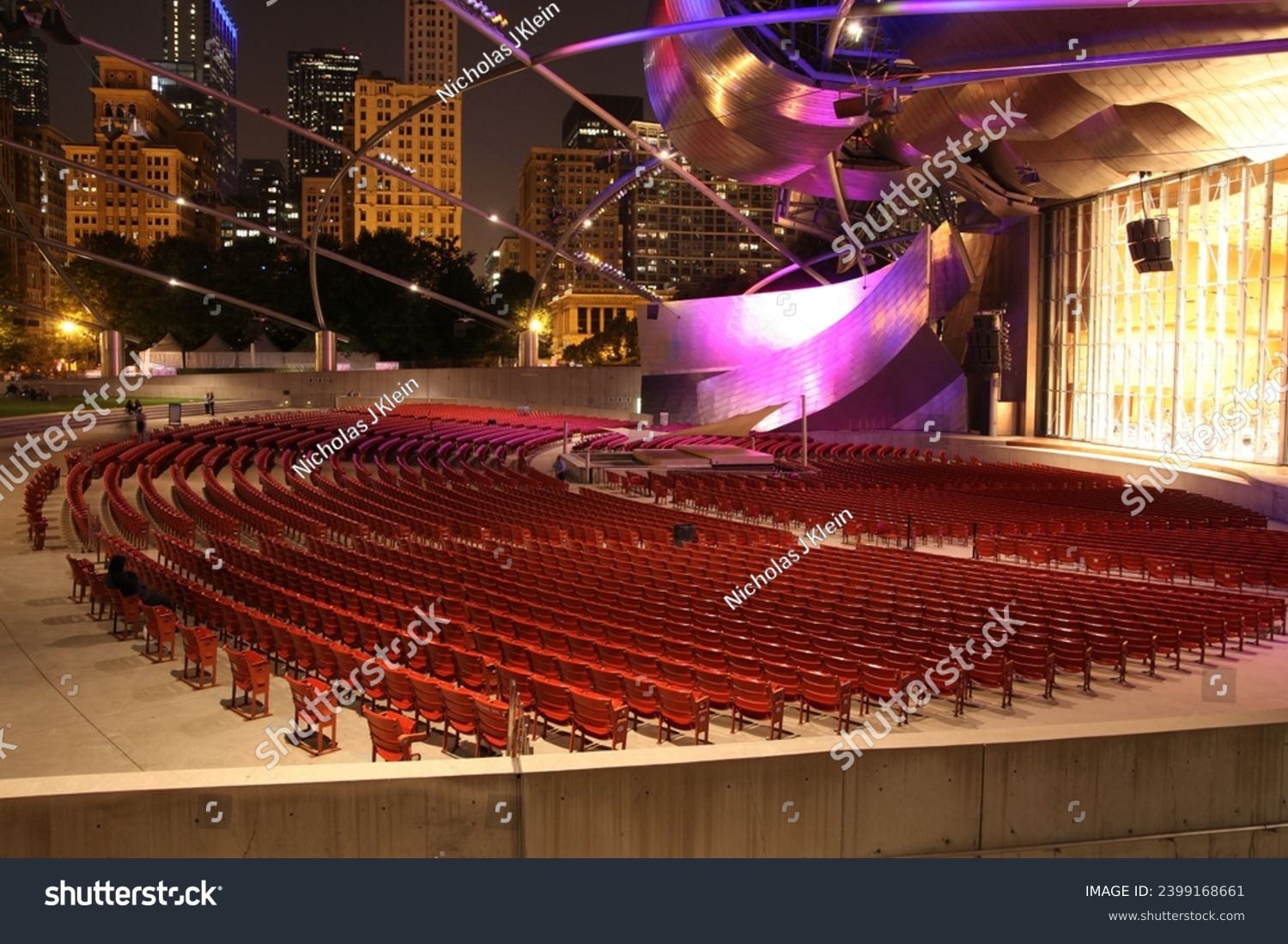 Jay Pritzker Pavilion Amphitheater and Cityscape Night View, Chicago Illinois #2399168661