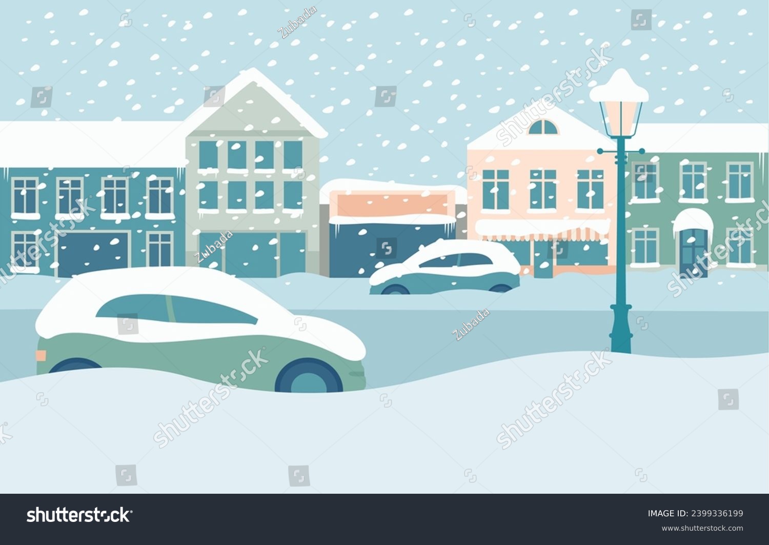 City buildings covered with snow after heavy blizzard. Parked cars on the street in snowdrifts during snowfall. Flat vector illustration. #2399336199