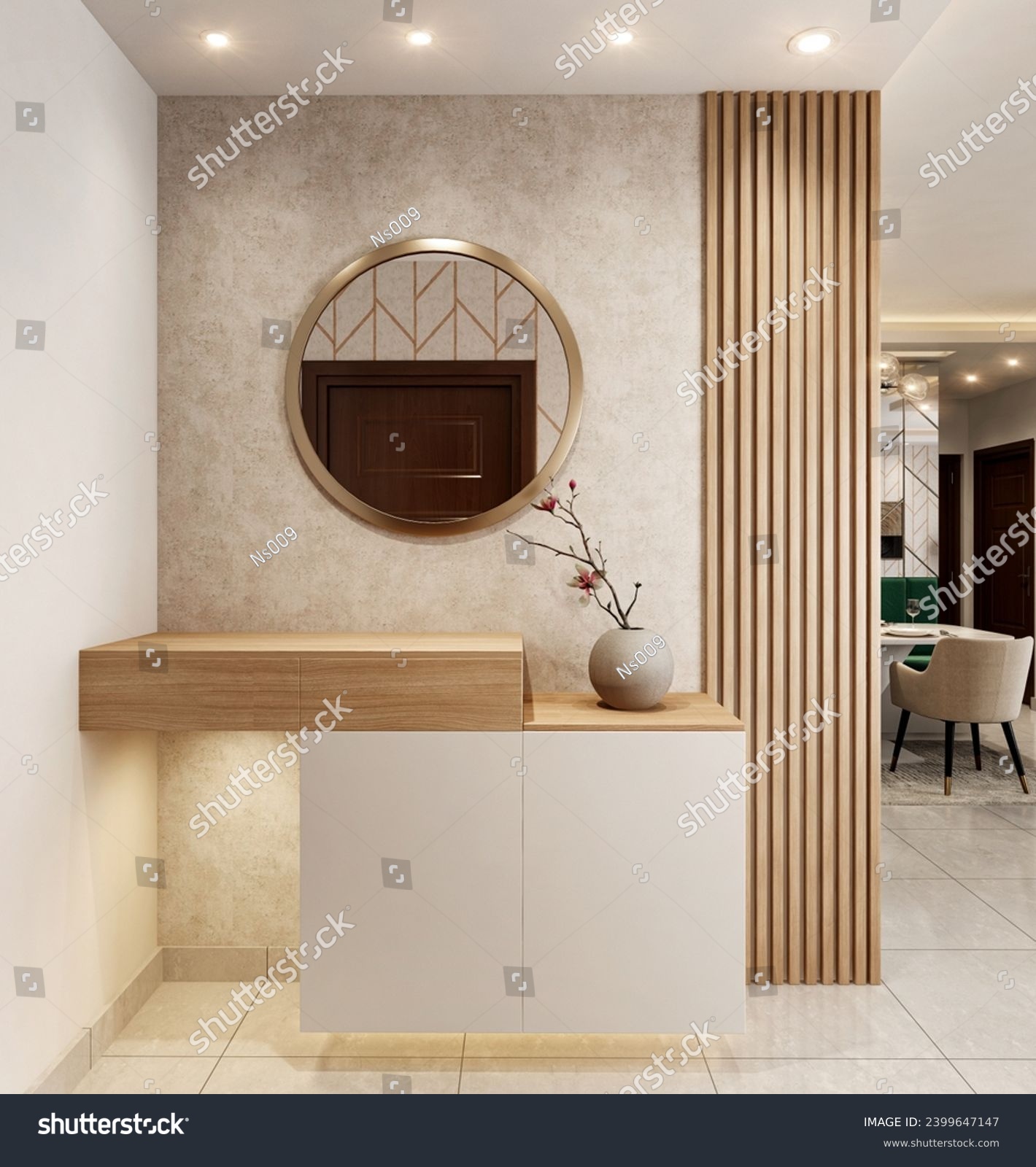 Modern foyer design with light wood and white color storage, round mirror,rafters, vase, and wallpaper. 3d render interior mock-up. #2399647147